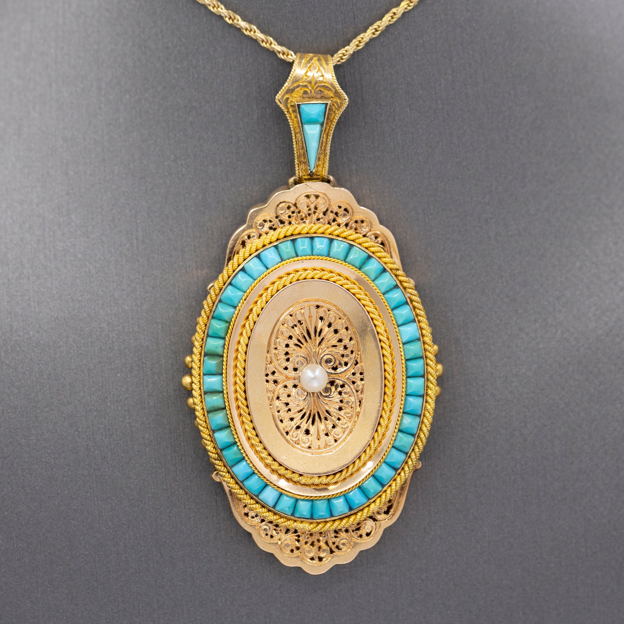 Exquisite French Victorian Picture Locket with Turquoise and Pearl in 18k Yellow Gold