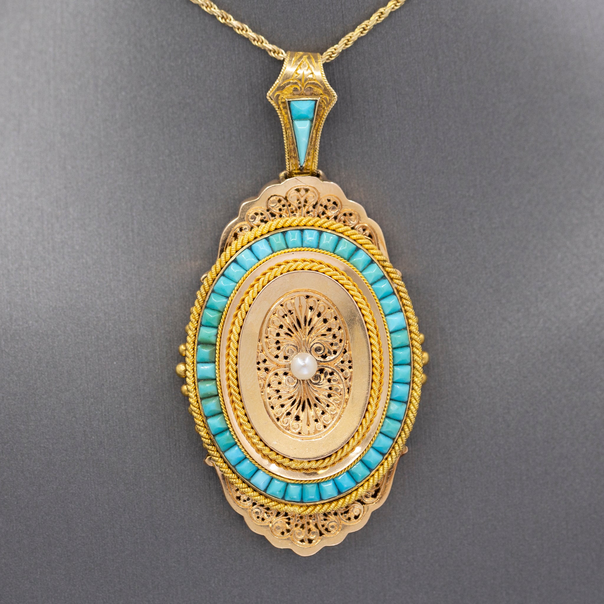 Exquisite French Victorian Picture Locket with Turquoise and Pearl in 18k Yellow Gold