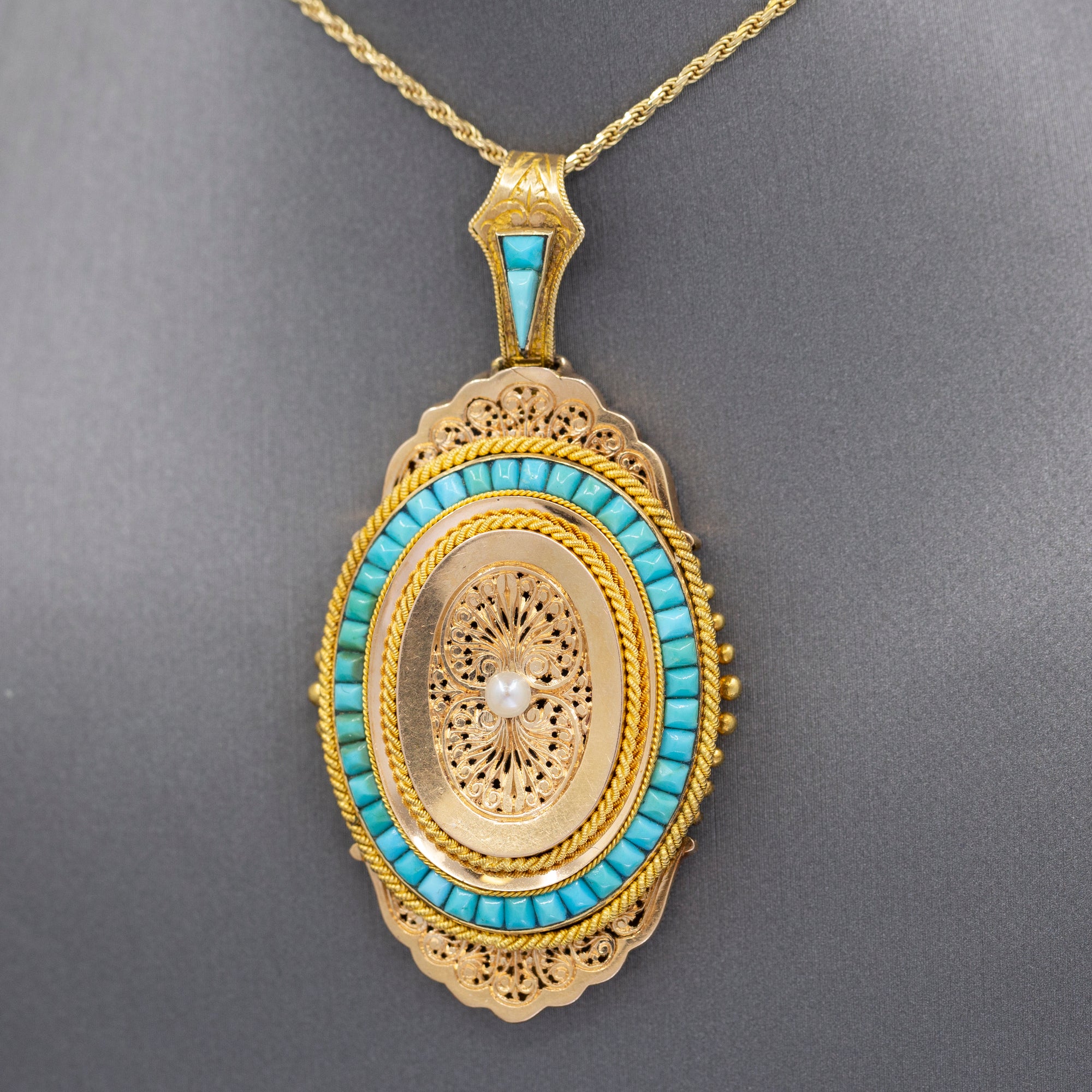 Exquisite French Victorian Picture Locket with Turquoise and Pearl in 18k Yellow Gold