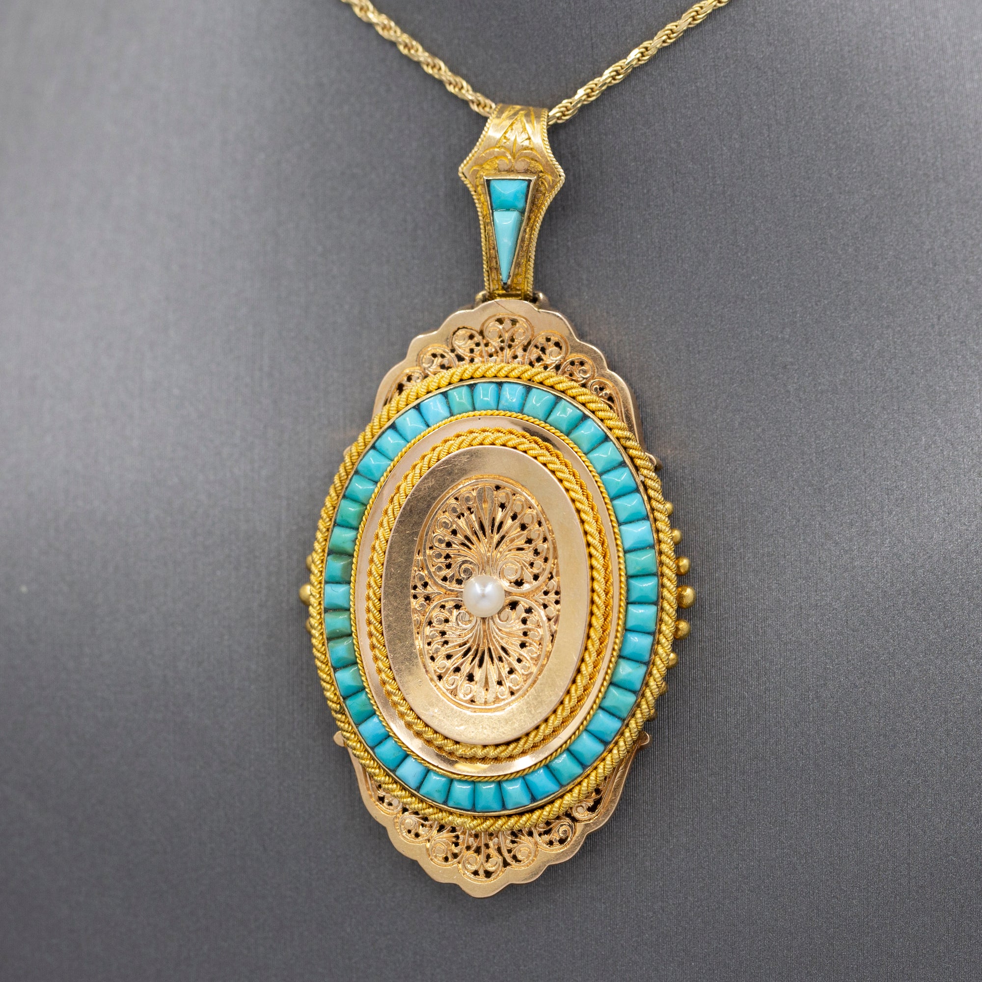 Exquisite French Victorian Picture Locket with Turquoise and Pearl in 18k Yellow Gold