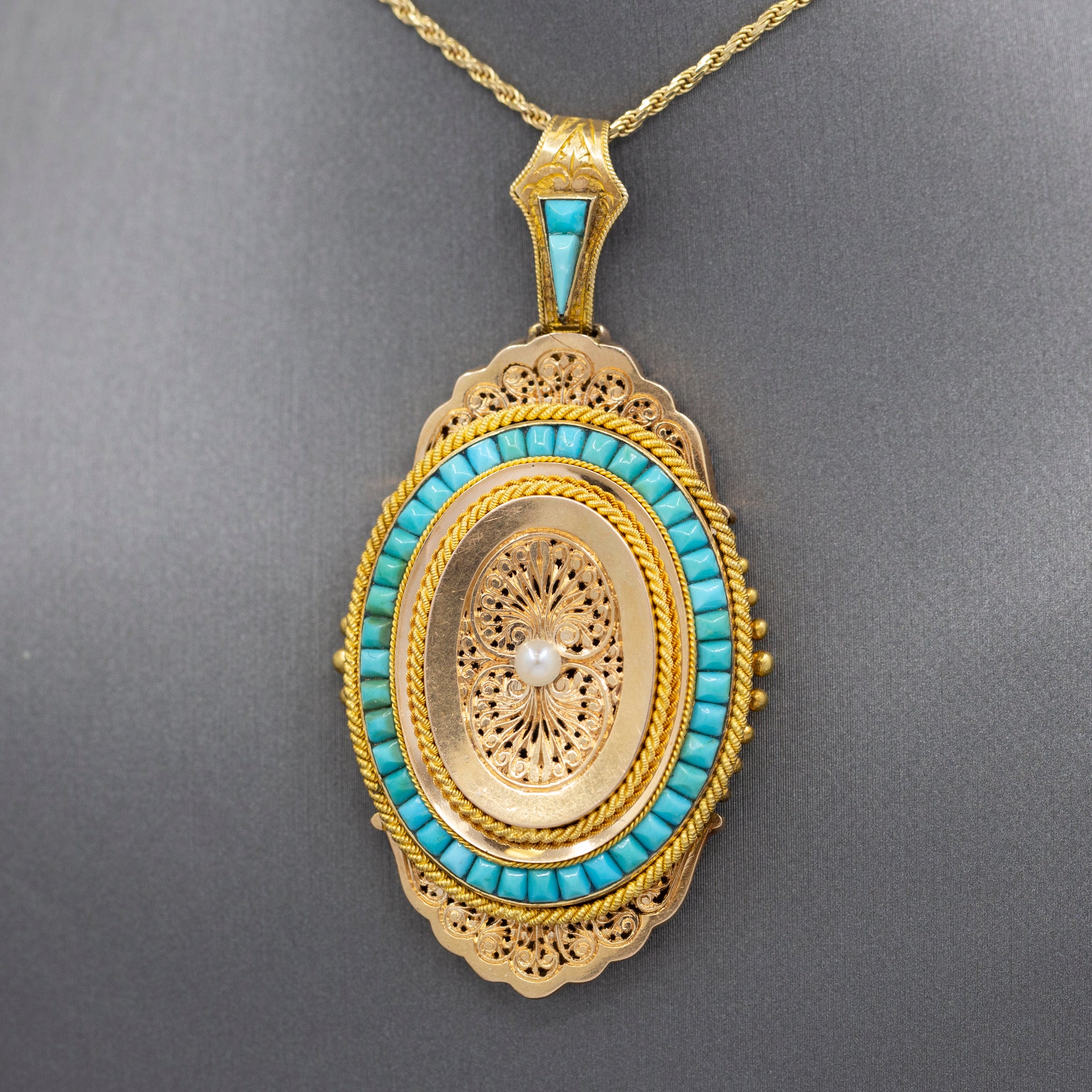 Exquisite French Victorian Picture Locket with Turquoise and Pearl in 18k Yellow Gold