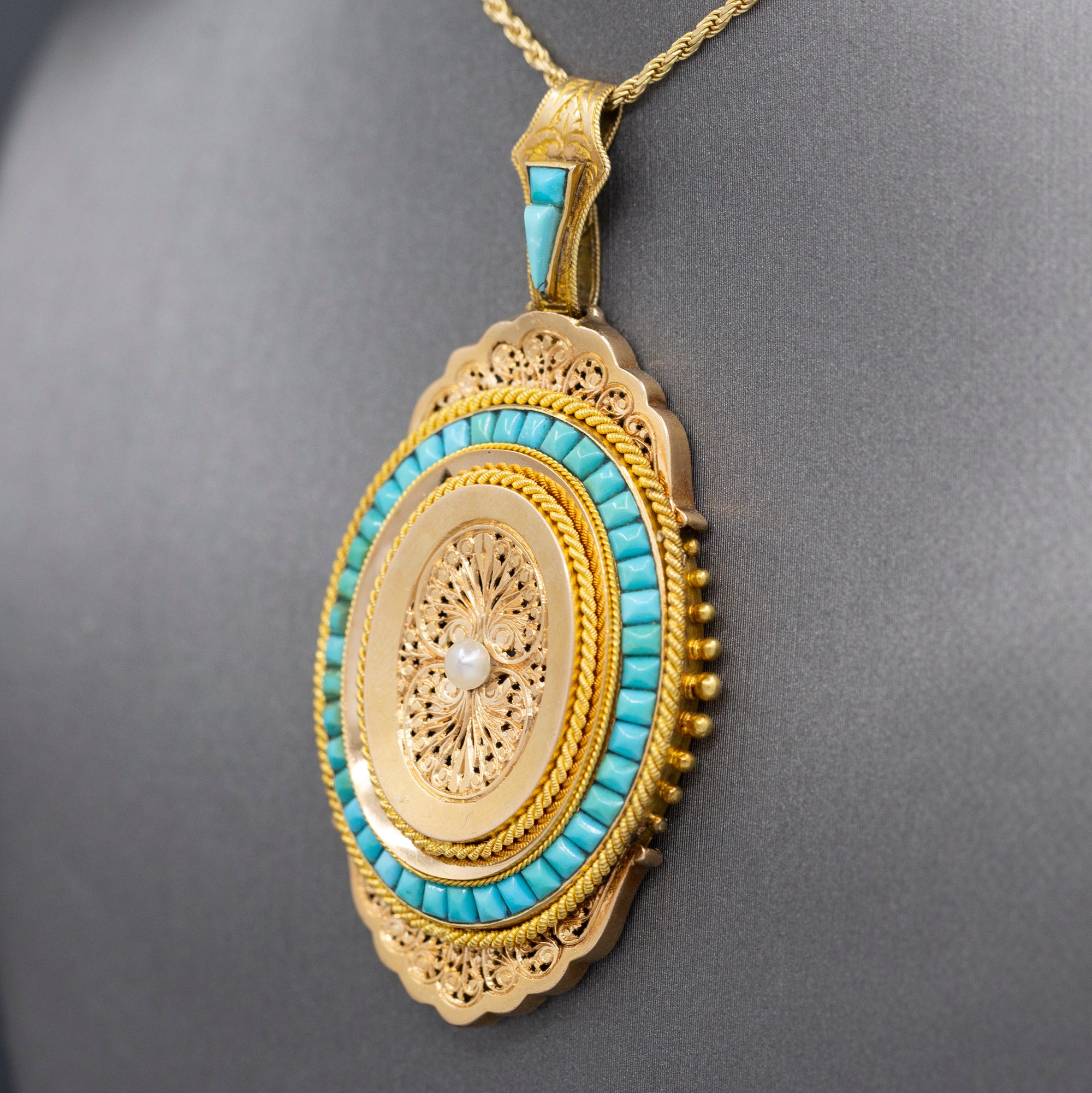 Exquisite French Victorian Picture Locket with Turquoise and Pearl in 18k Yellow Gold