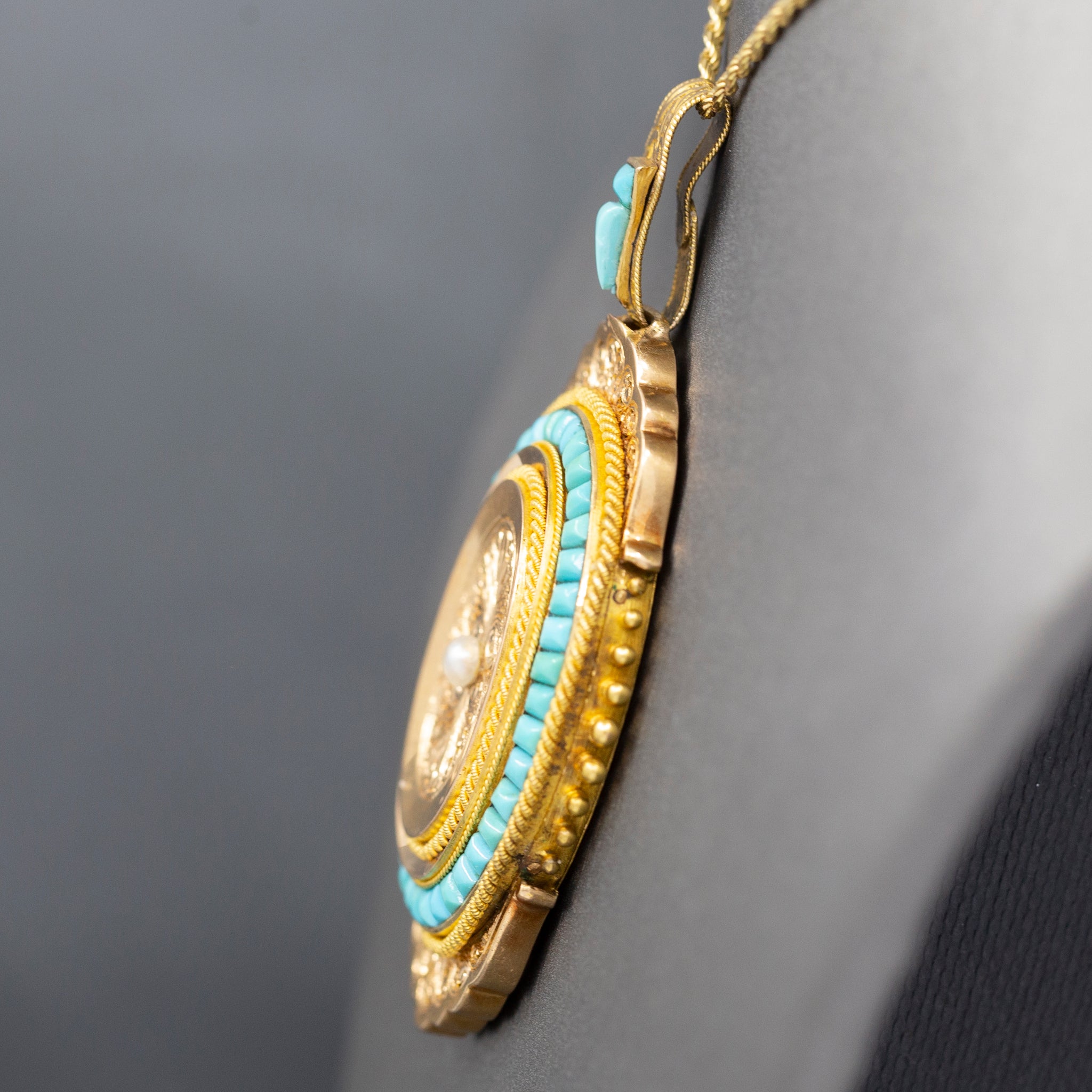 Exquisite French Victorian Picture Locket with Turquoise and Pearl in 18k Yellow Gold