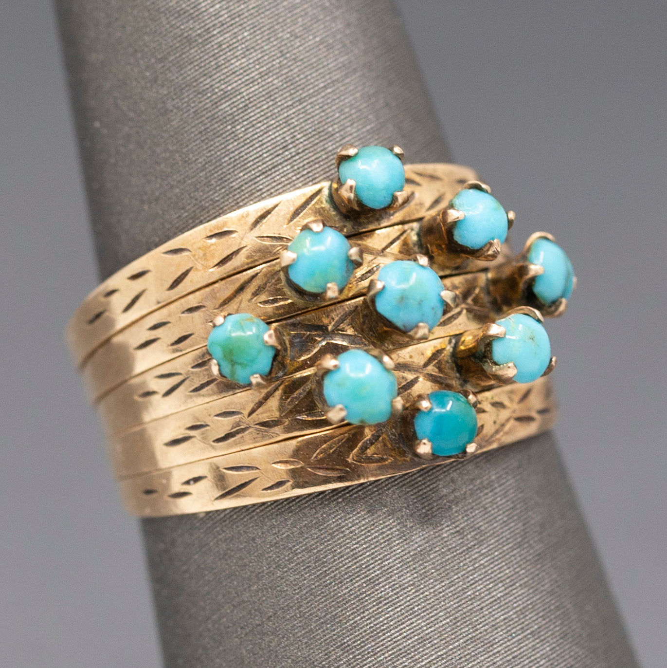 Antique Victorian Turquoise Five Row Harem Ring in 14k Yellow Gold