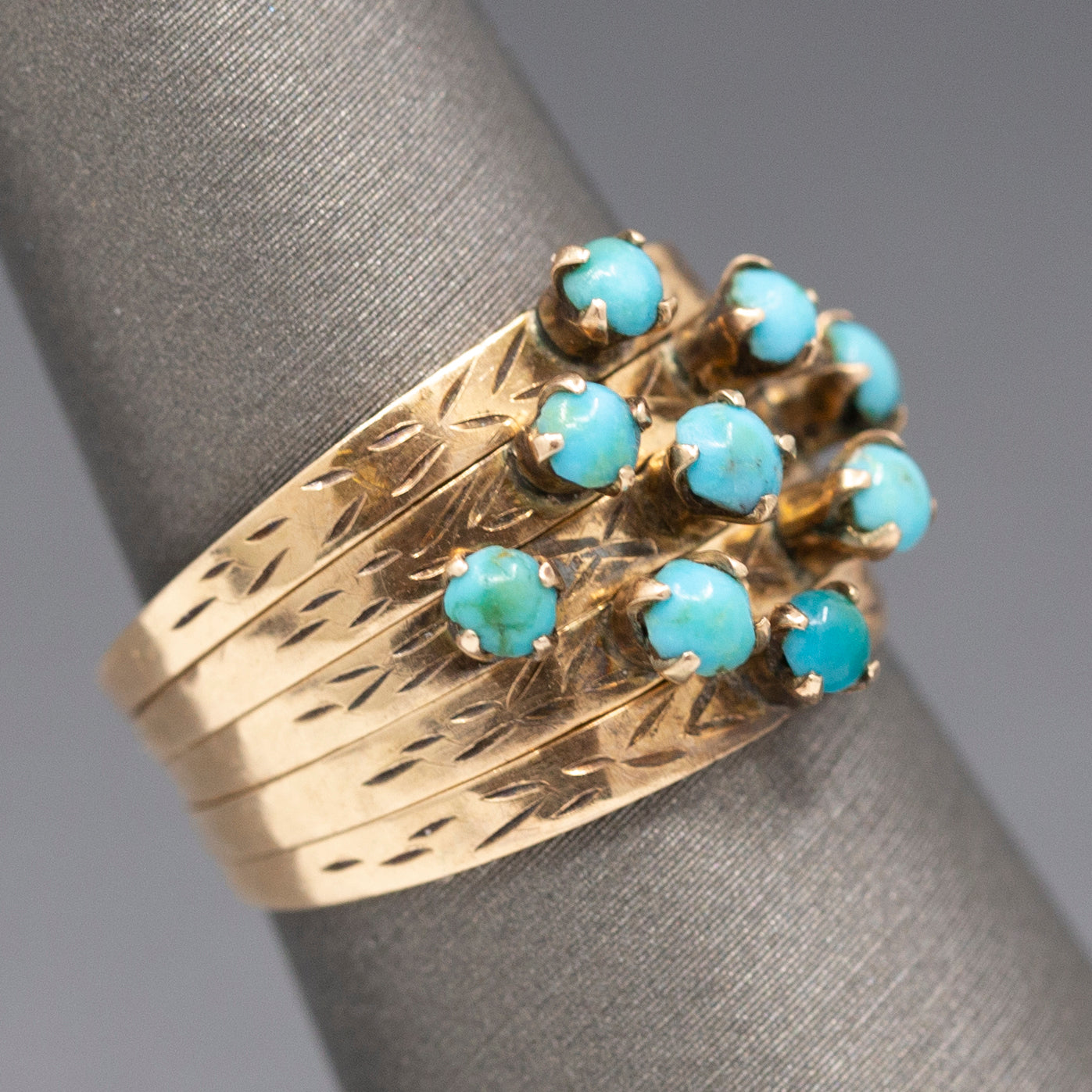 Antique Victorian Turquoise Five Row Harem Ring in 14k Yellow Gold