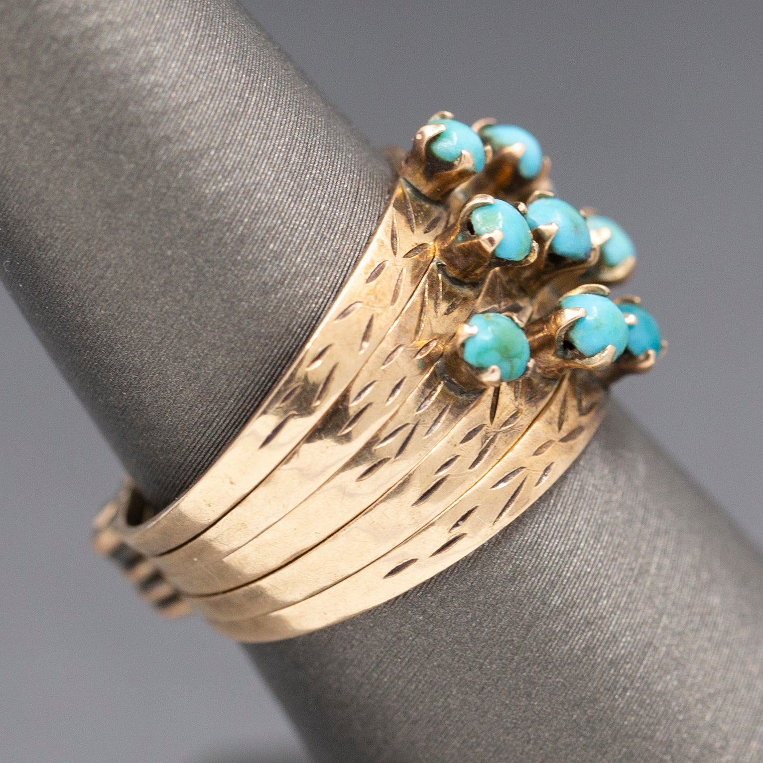 Antique Victorian Turquoise Five Row Harem Ring in 14k Yellow Gold