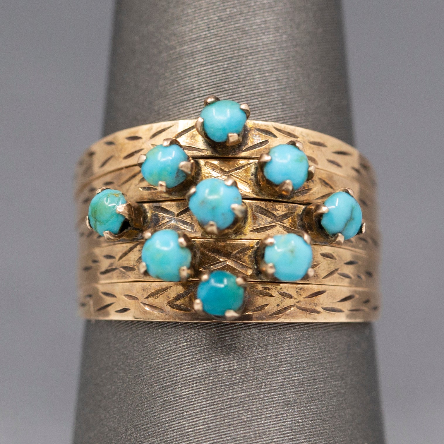 Antique Victorian Turquoise Five Row Harem Ring in 14k Yellow Gold