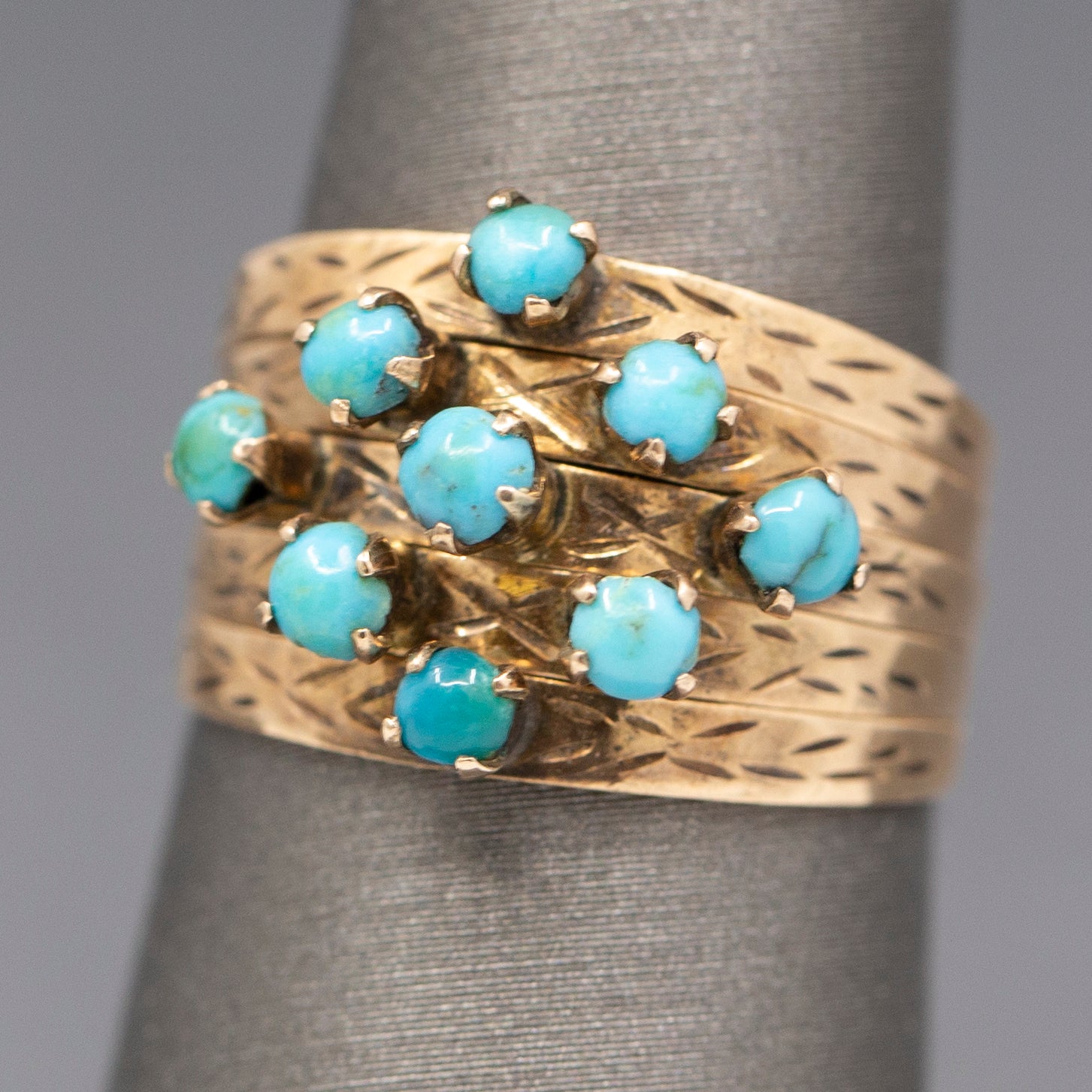 Antique Victorian Turquoise Five Row Harem Ring in 14k Yellow Gold