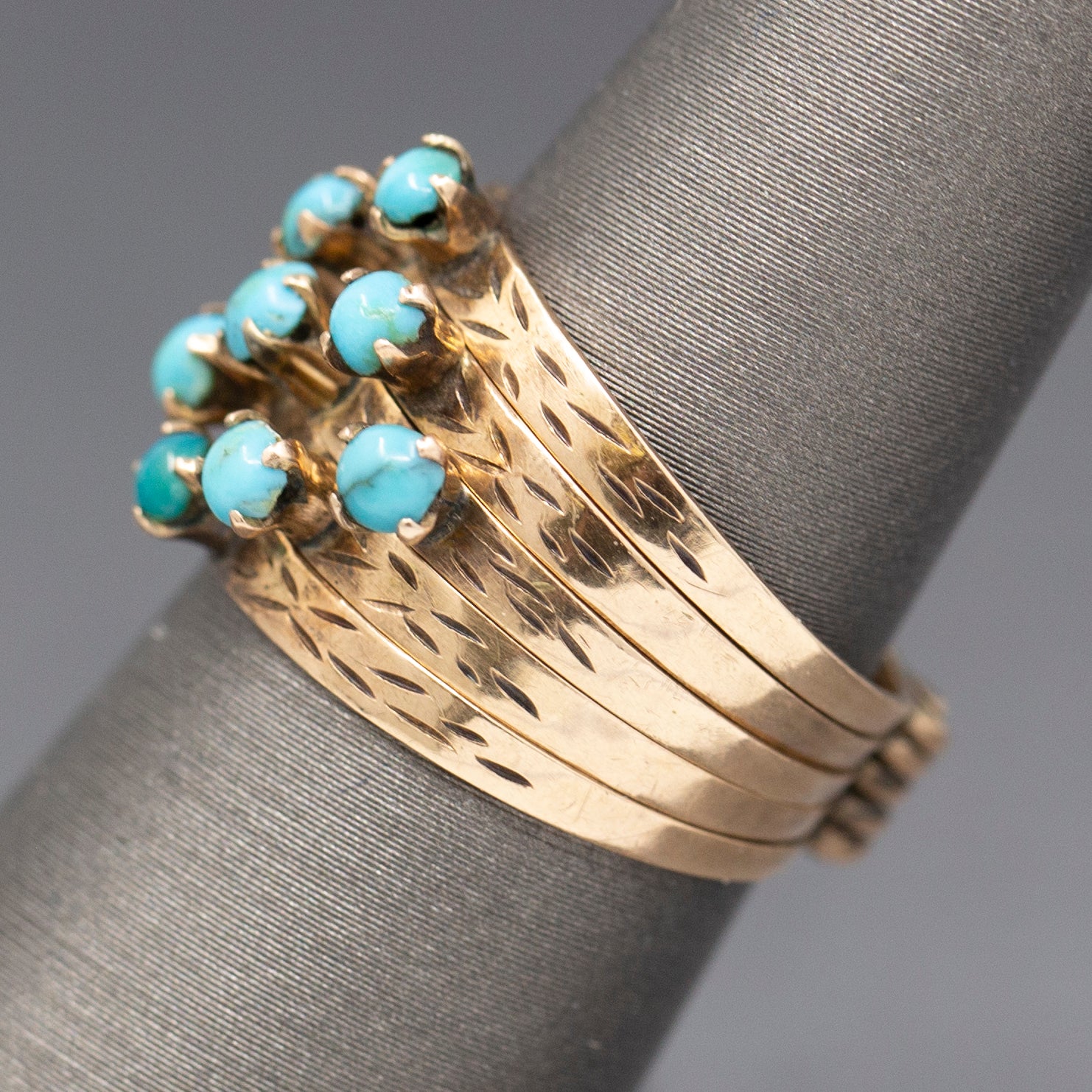 Antique Victorian Turquoise Five Row Harem Ring in 14k Yellow Gold