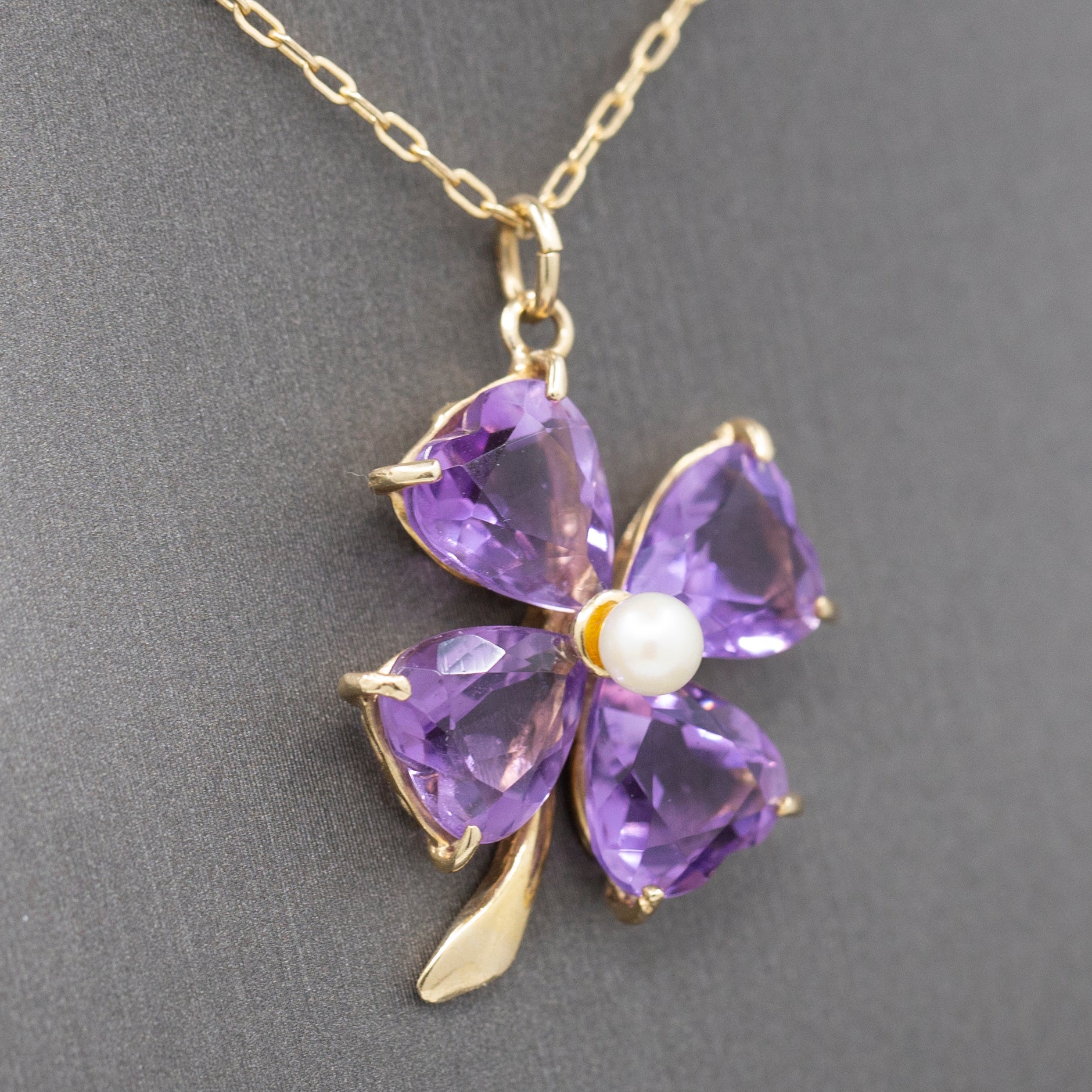 Vintage Amethyst and Pearl Four Leaf Clover Pendant Charm in 14k Yellow Gold