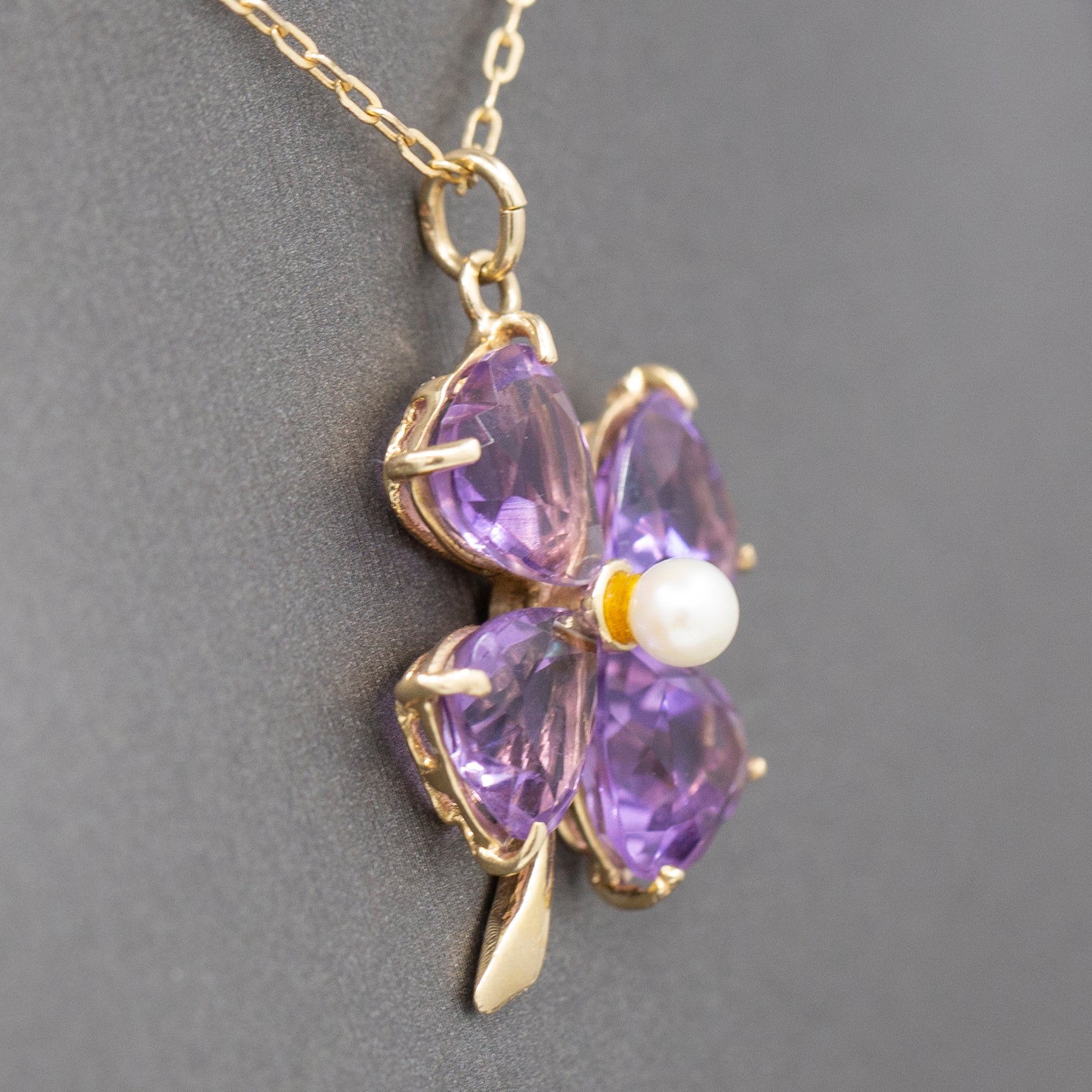 Vintage Amethyst and Pearl Four Leaf Clover Pendant Charm in 14k Yellow Gold