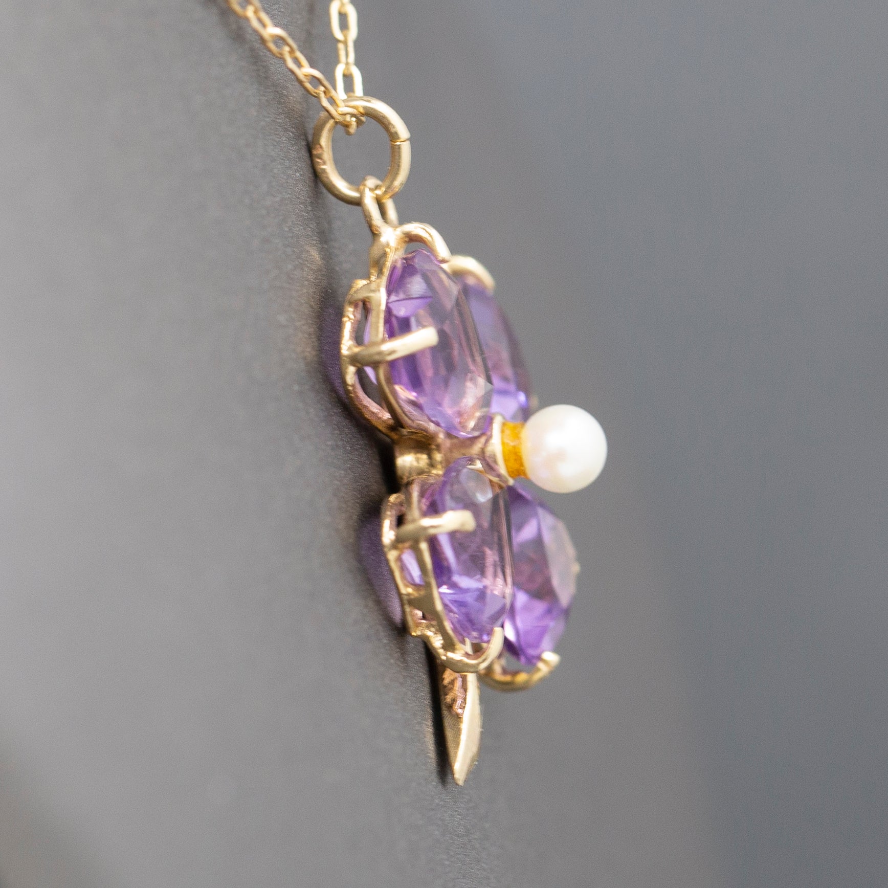Vintage Amethyst and Pearl Four Leaf Clover Pendant Charm in 14k Yellow Gold