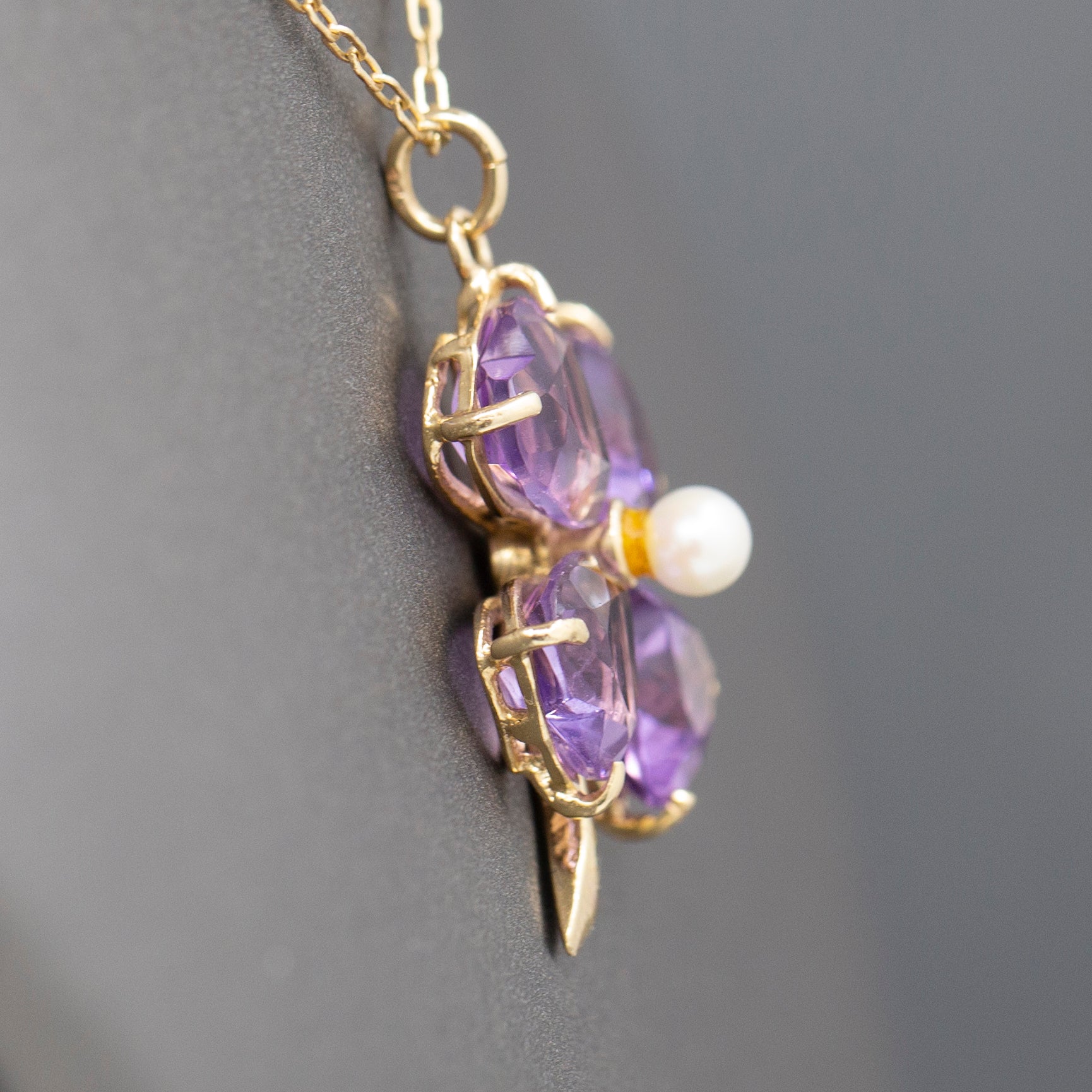 Vintage Amethyst and Pearl Four Leaf Clover Pendant Charm in 14k Yellow Gold