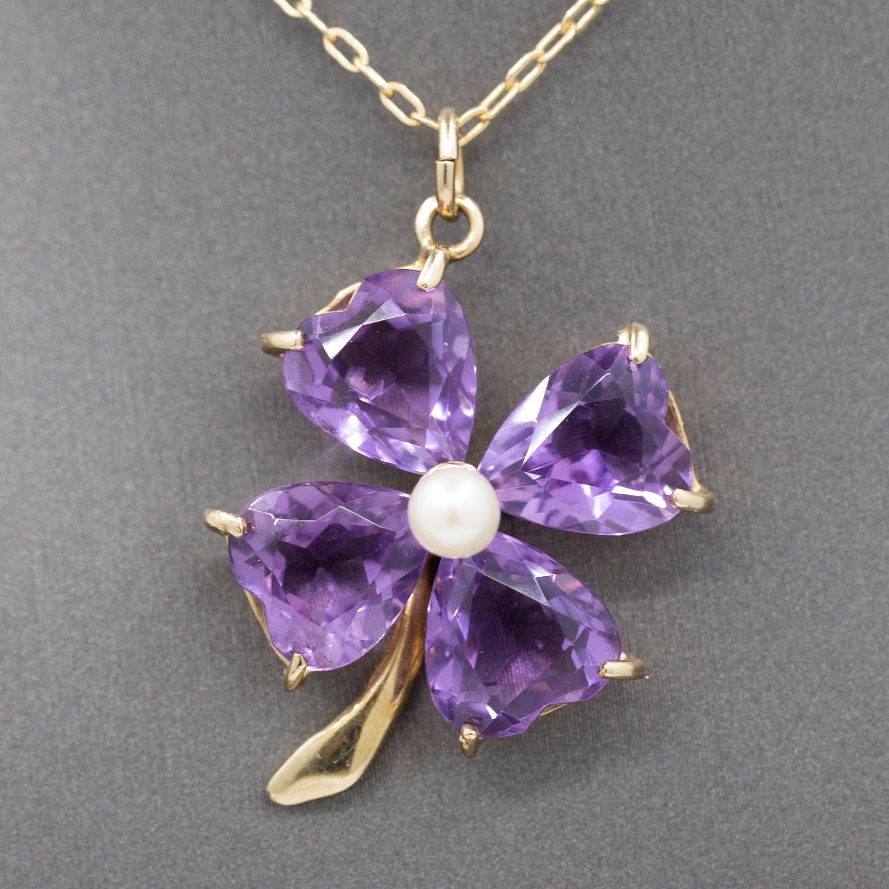 Vintage Amethyst and Pearl Four Leaf Clover Pendant Charm in 14k Yellow Gold