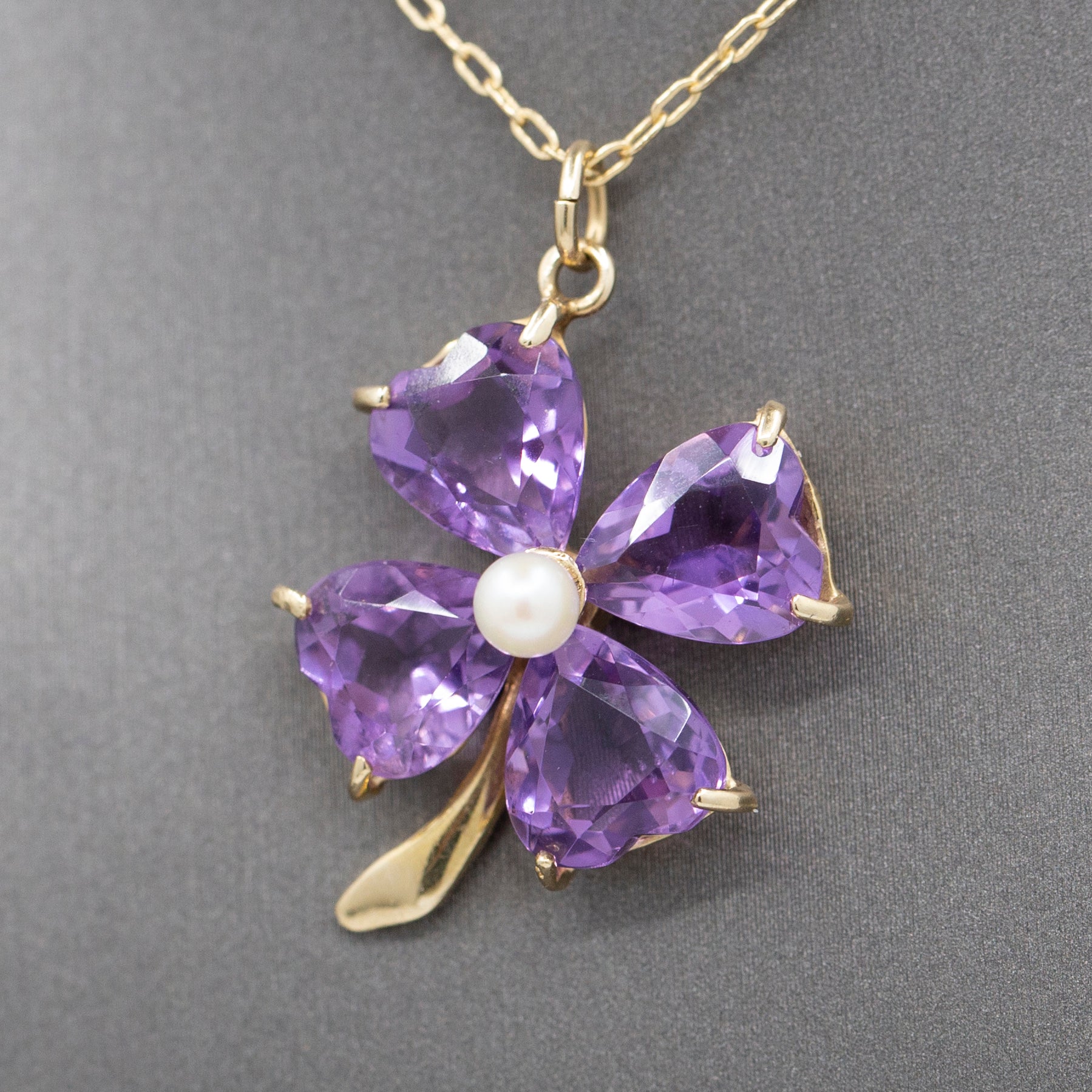 Vintage Amethyst and Pearl Four Leaf Clover Pendant Charm in 14k Yellow Gold