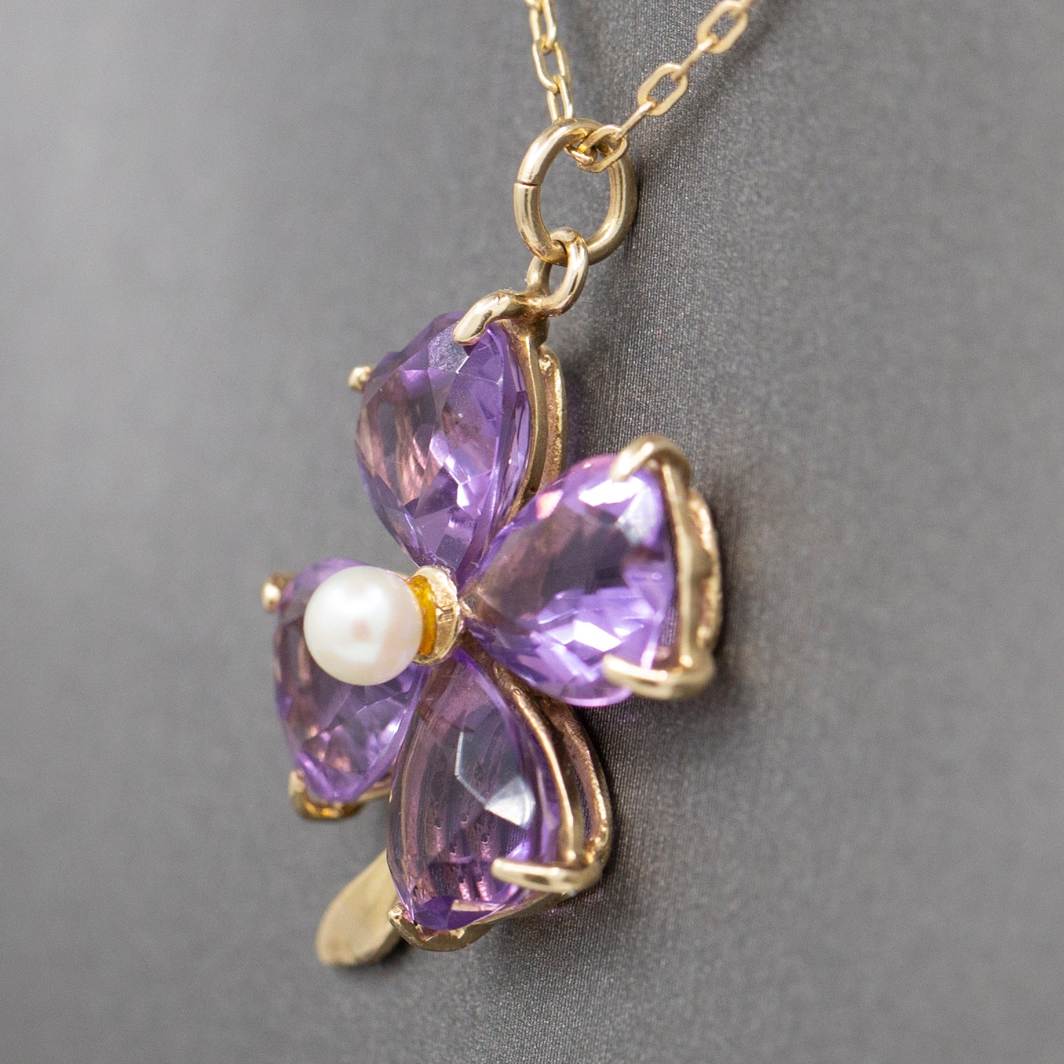 Vintage Amethyst and Pearl Four Leaf Clover Pendant Charm in 14k Yellow Gold
