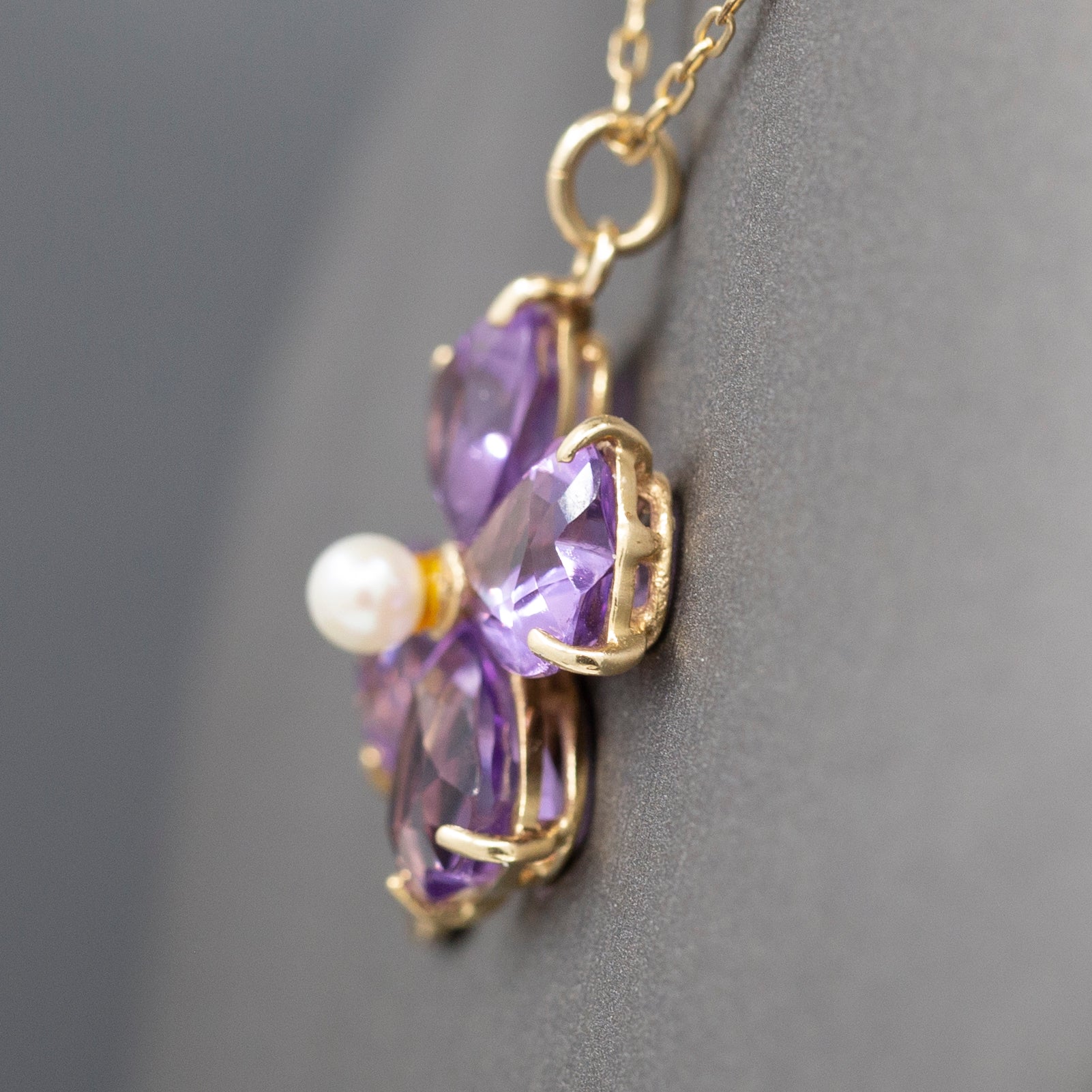 Vintage Amethyst and Pearl Four Leaf Clover Pendant Charm in 14k Yellow Gold