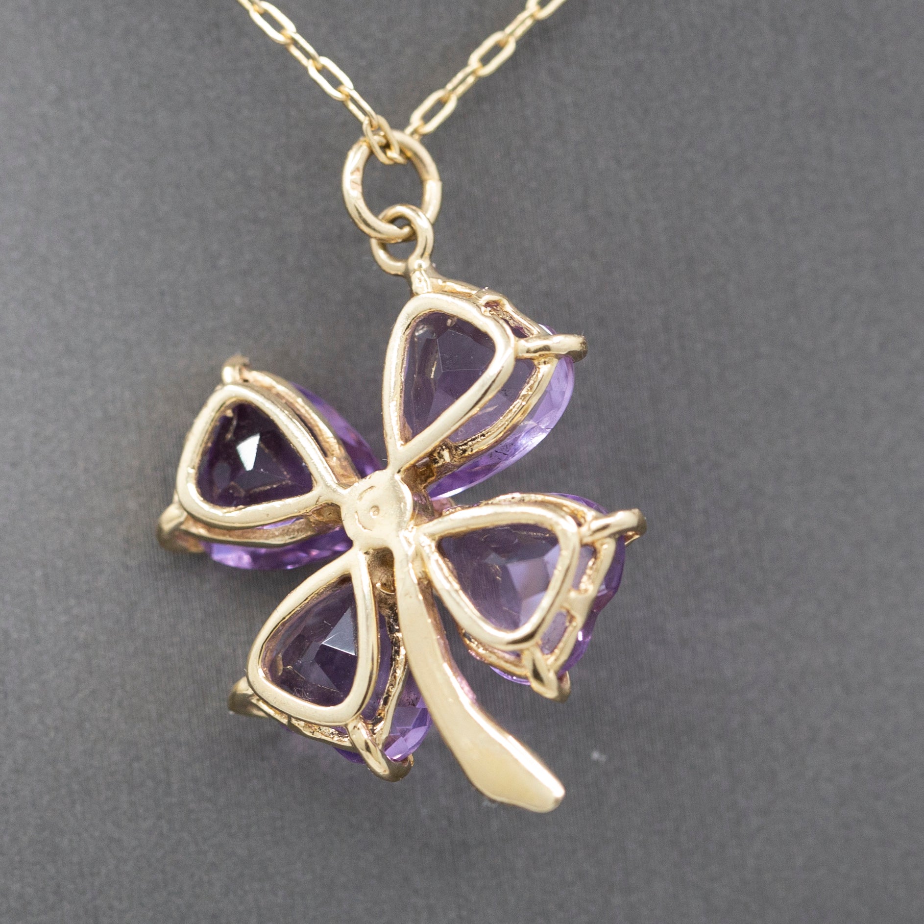 Vintage Amethyst and Pearl Four Leaf Clover Pendant Charm in 14k Yellow Gold