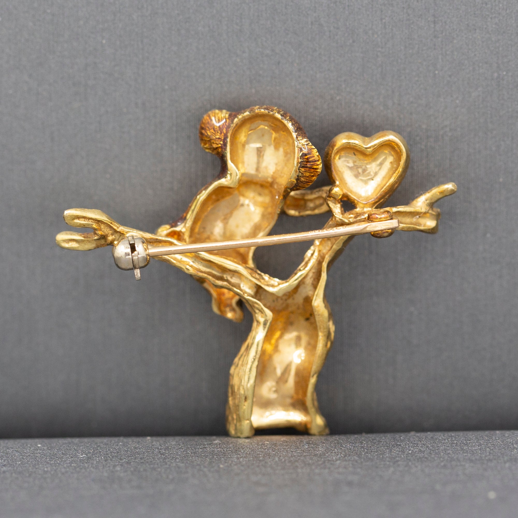 Loris Monkey Figural Heart I Love You Pin Brooch in Enamel and 14k Yellow Gold