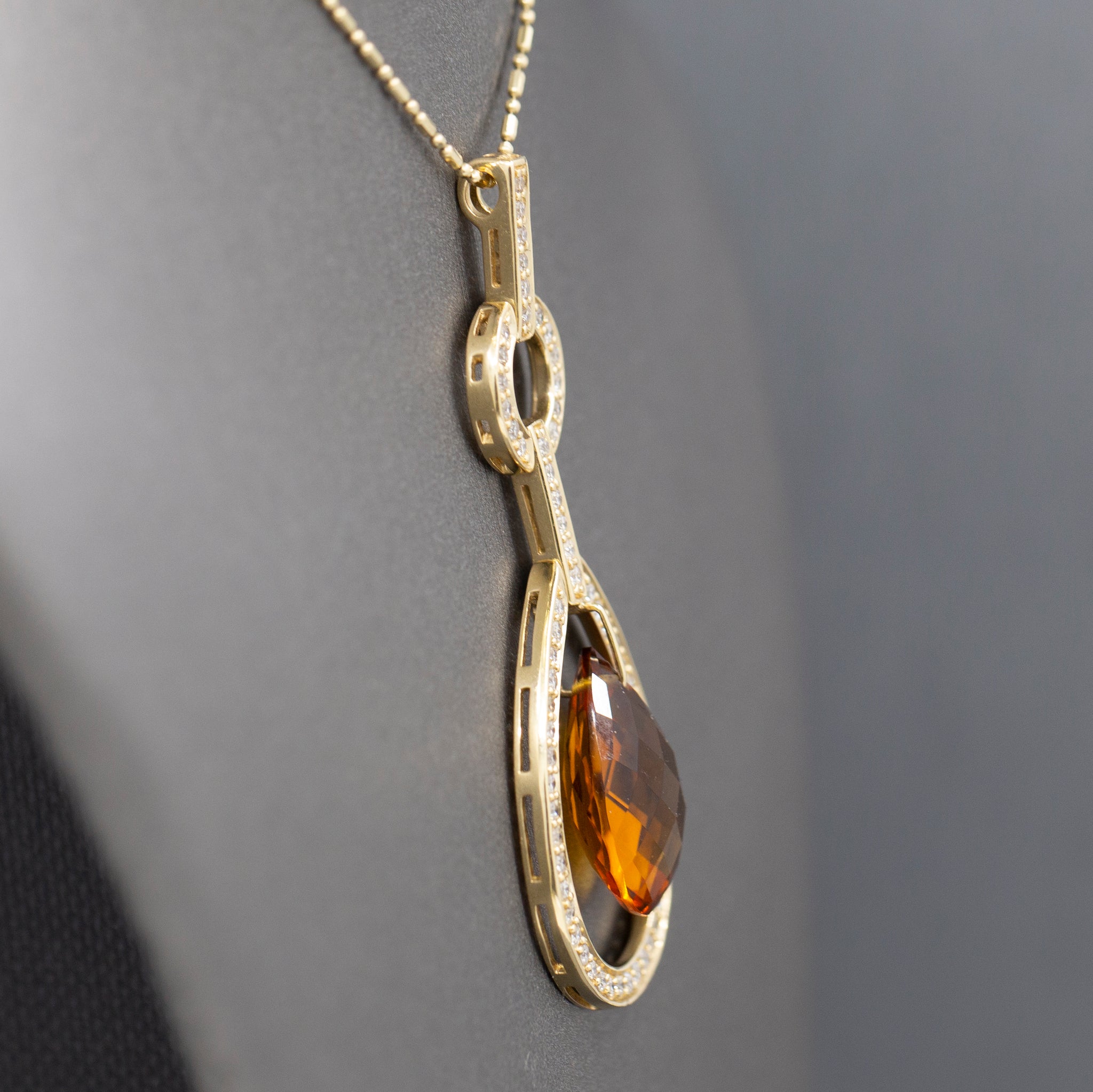 Outstanding Citrine Briolette and Diamond Frame Pendant Necklace in 14k Yellow Gold