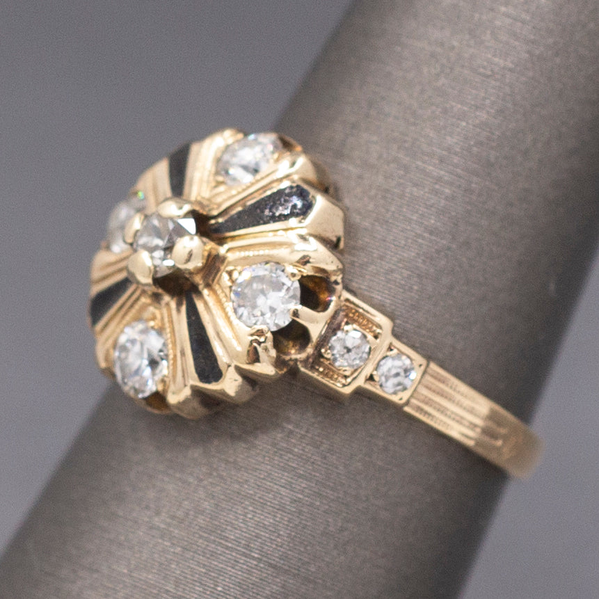 Antique Edwardian Old European Cut Diamond Cluster Enamel Ring in 14k Yellow Gold