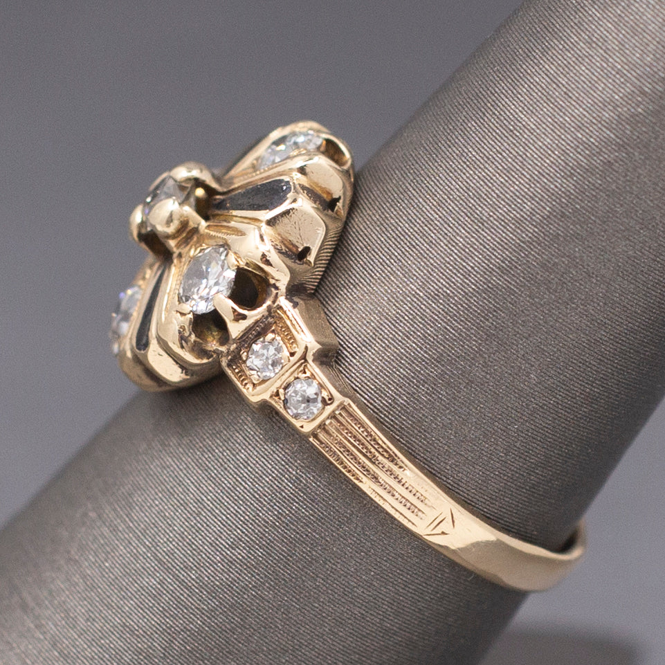 Antique Edwardian Old European Cut Diamond Cluster Enamel Ring in 14k Yellow Gold