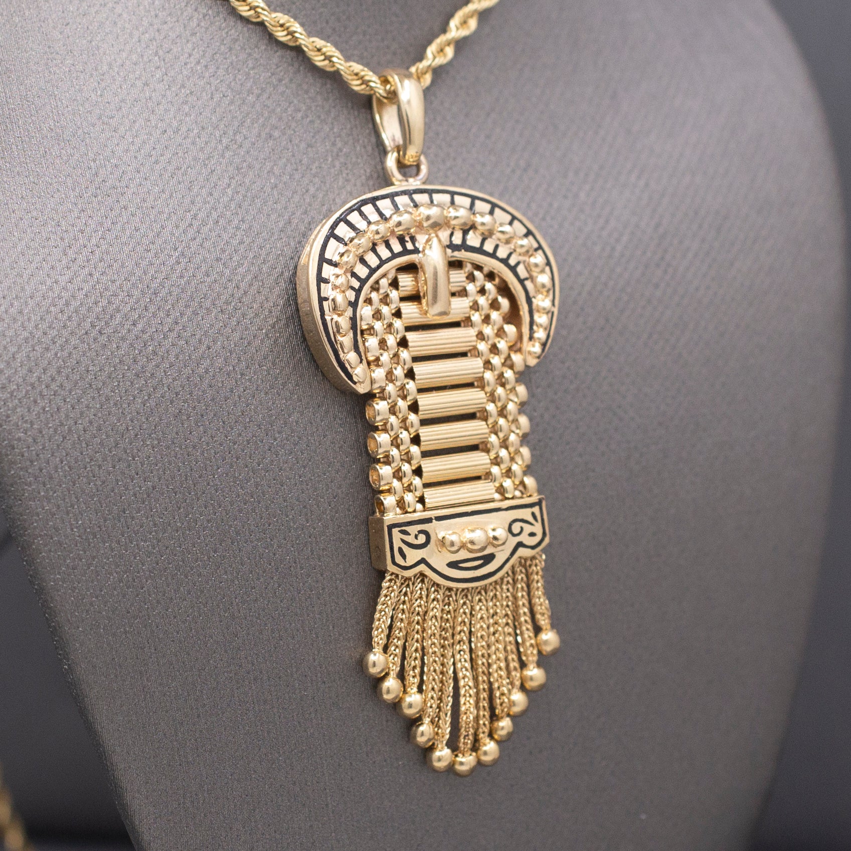 Antique Victorian Enamel Buckle Pendant with Tassel Fringe in 14k Yellow Gold