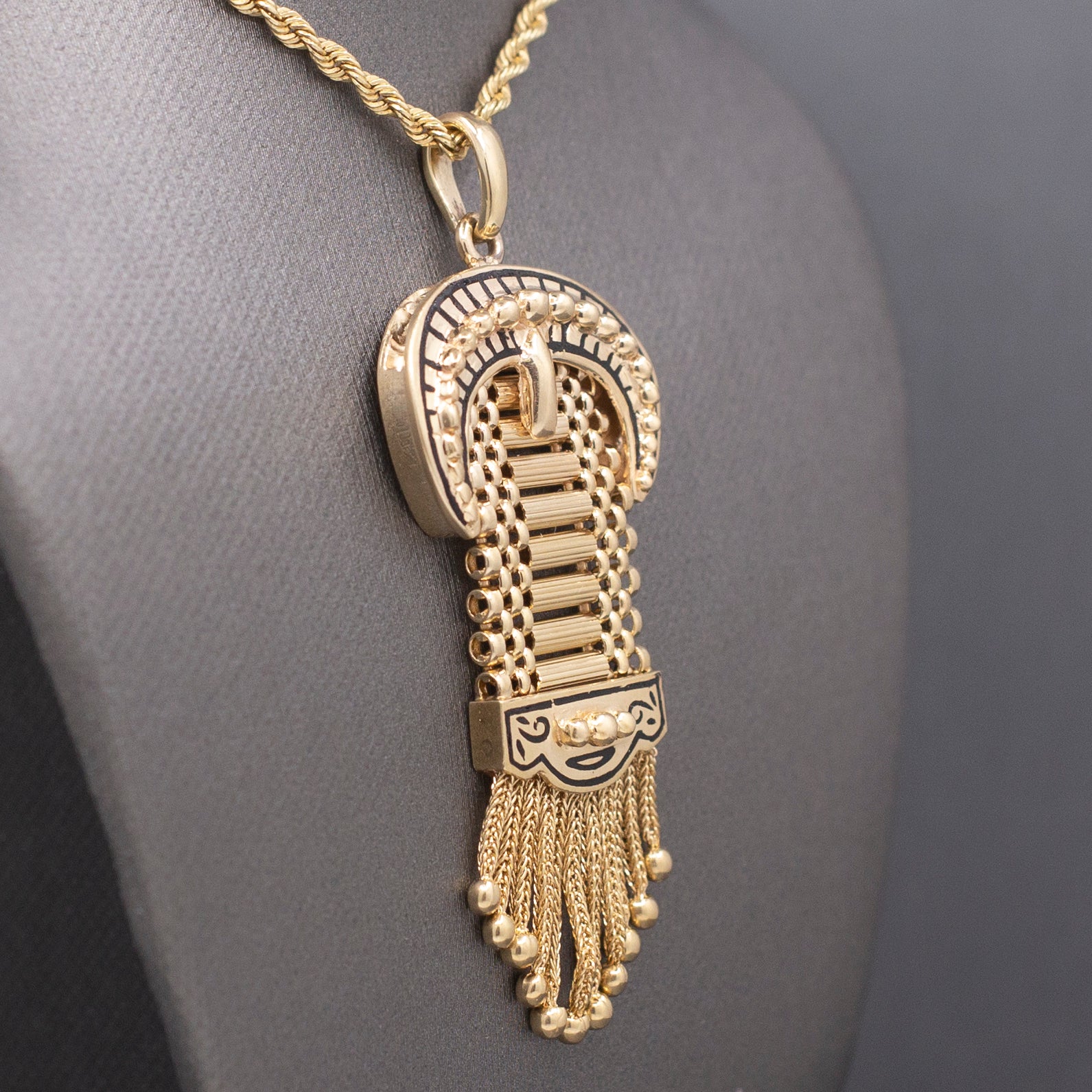 Antique Victorian Enamel Buckle Pendant with Tassel Fringe in 14k Yellow Gold