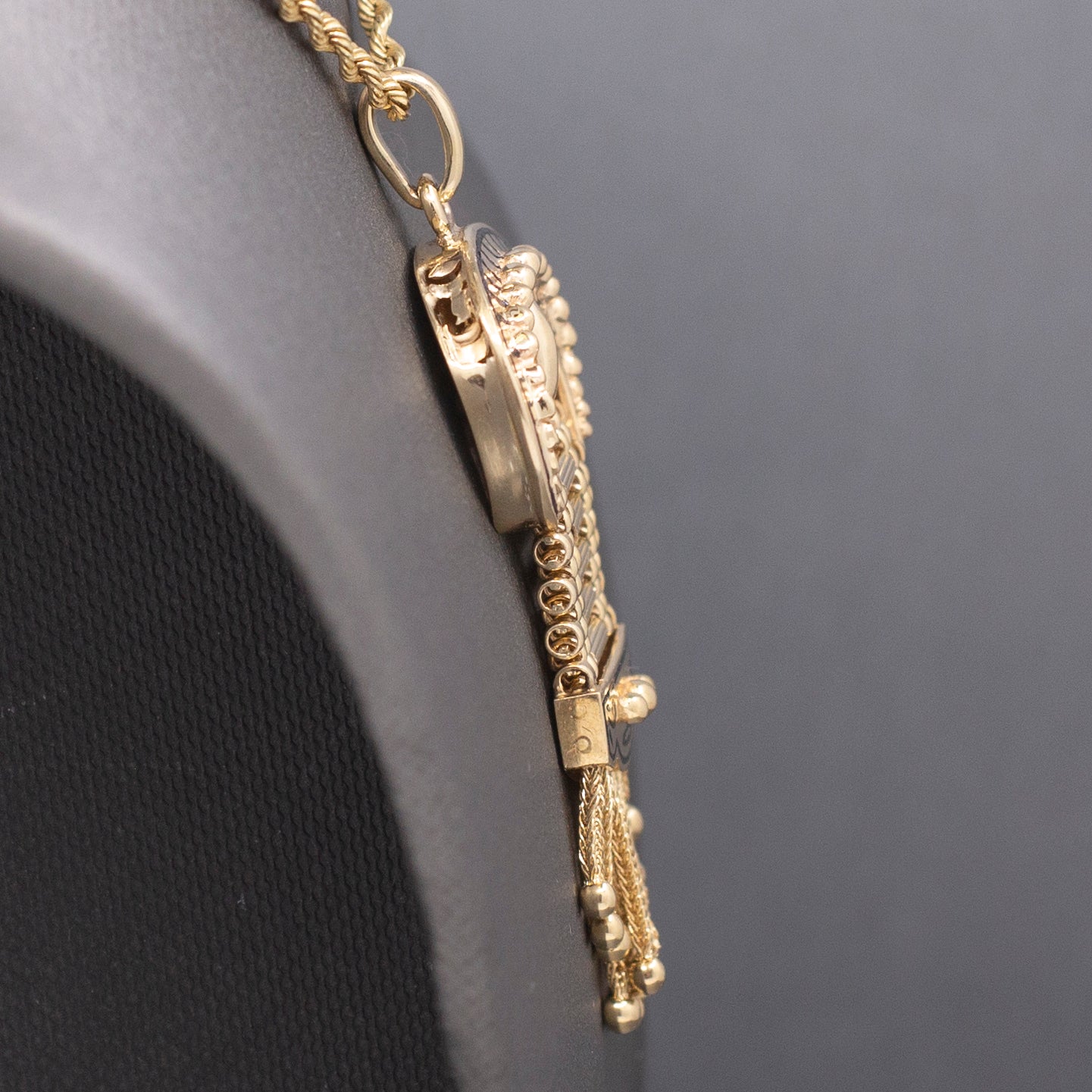 Antique Victorian Enamel Buckle Pendant with Tassel Fringe in 14k Yellow Gold