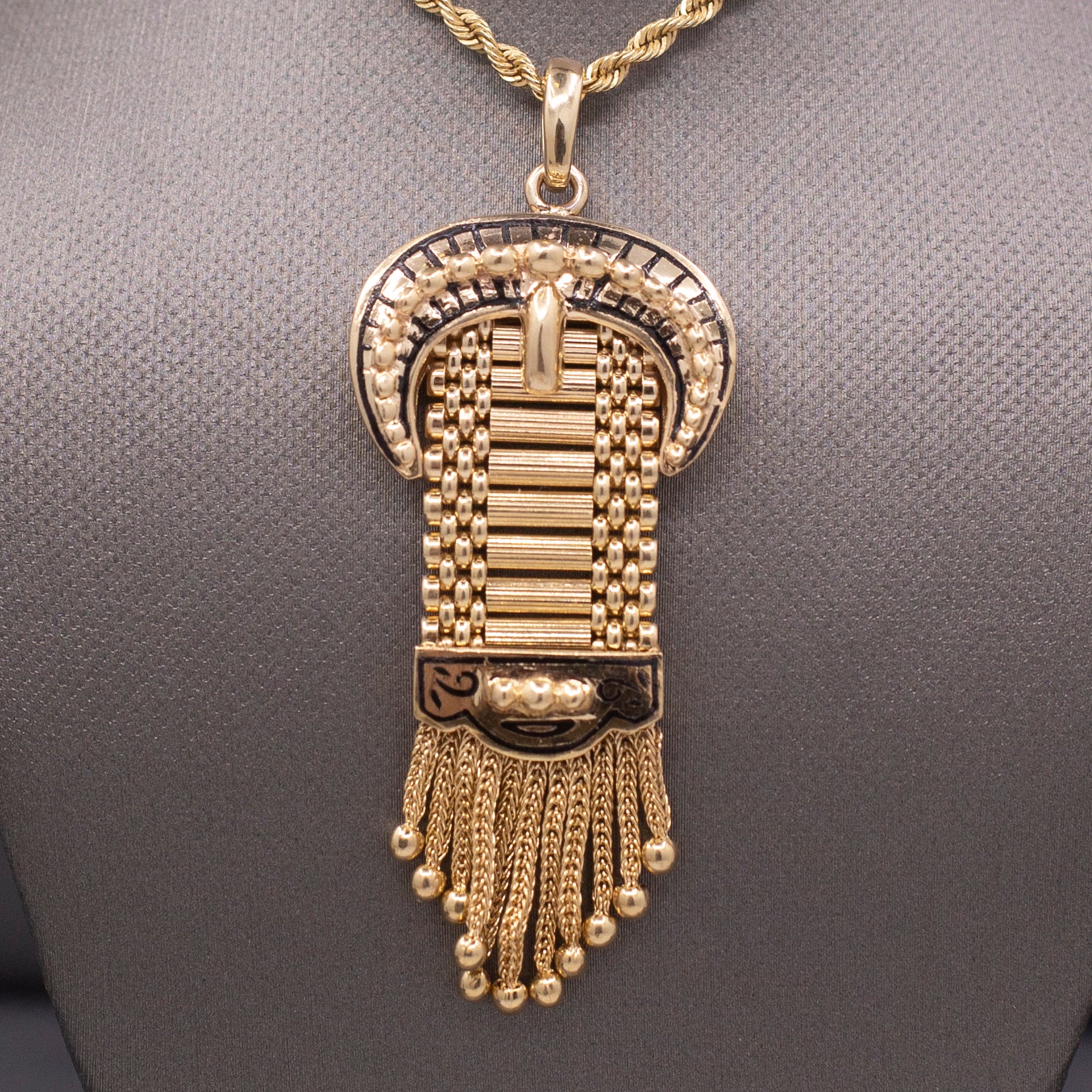 Antique Victorian Enamel Buckle Pendant with Tassel Fringe in 14k Yellow Gold