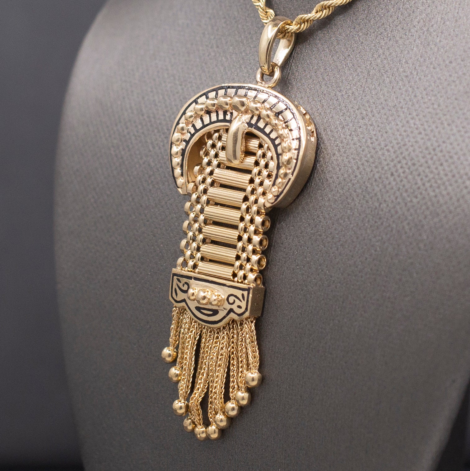 Antique Victorian Enamel Buckle Pendant with Tassel Fringe in 14k Yellow Gold