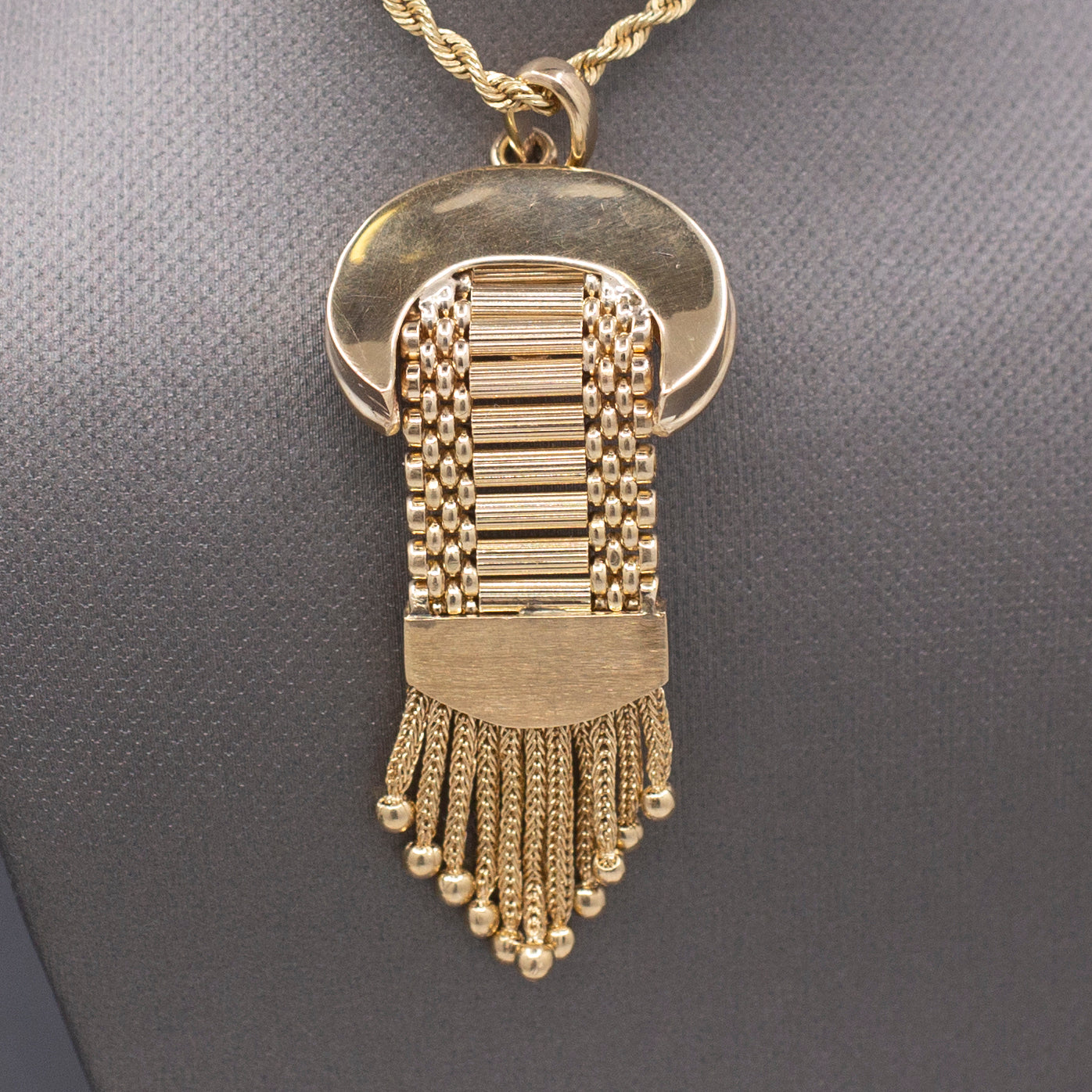 Antique Victorian Enamel Buckle Pendant with Tassel Fringe in 14k Yellow Gold