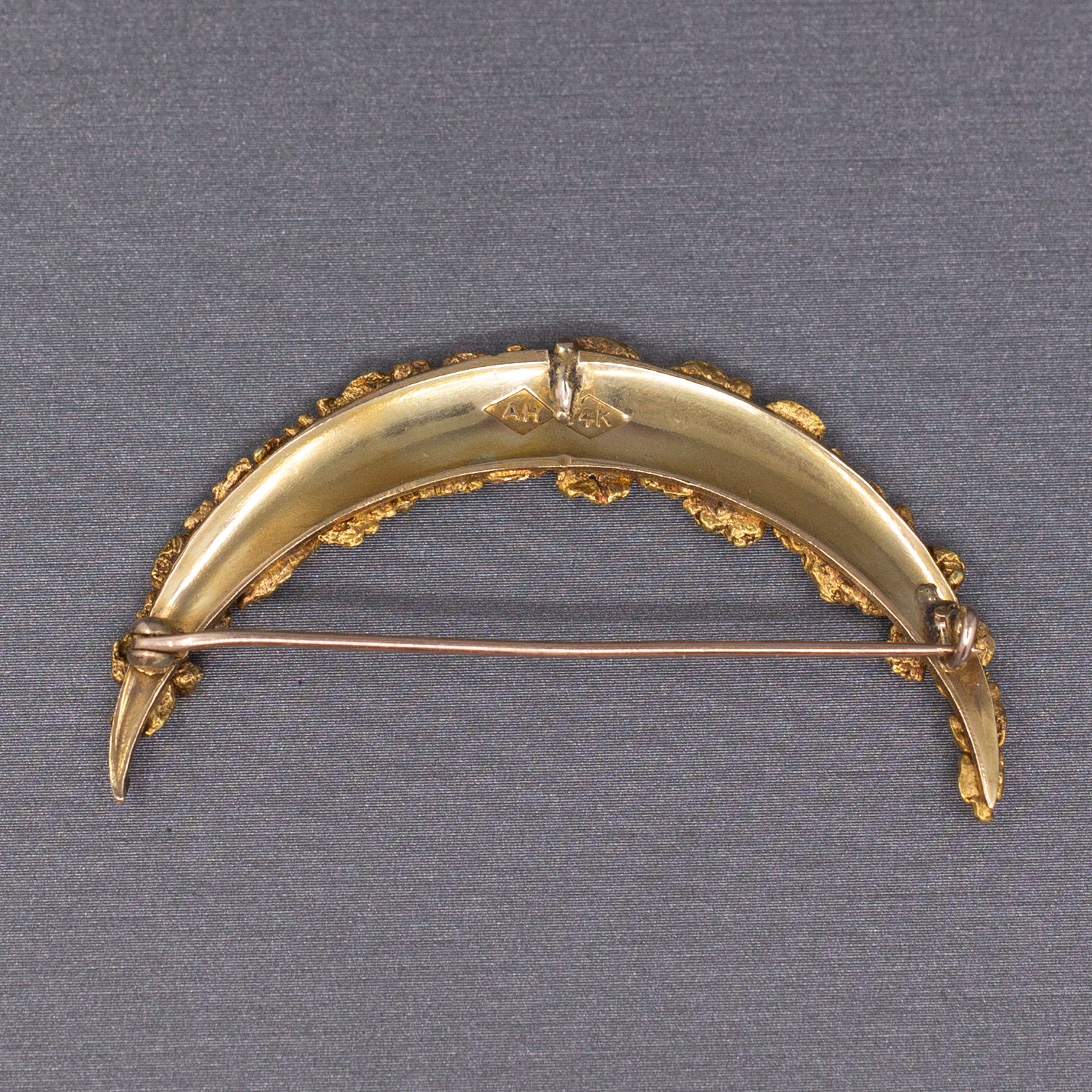 Antique Victorian Gold Nugget Over 14k Crescent Moon Brooch with C Clasp