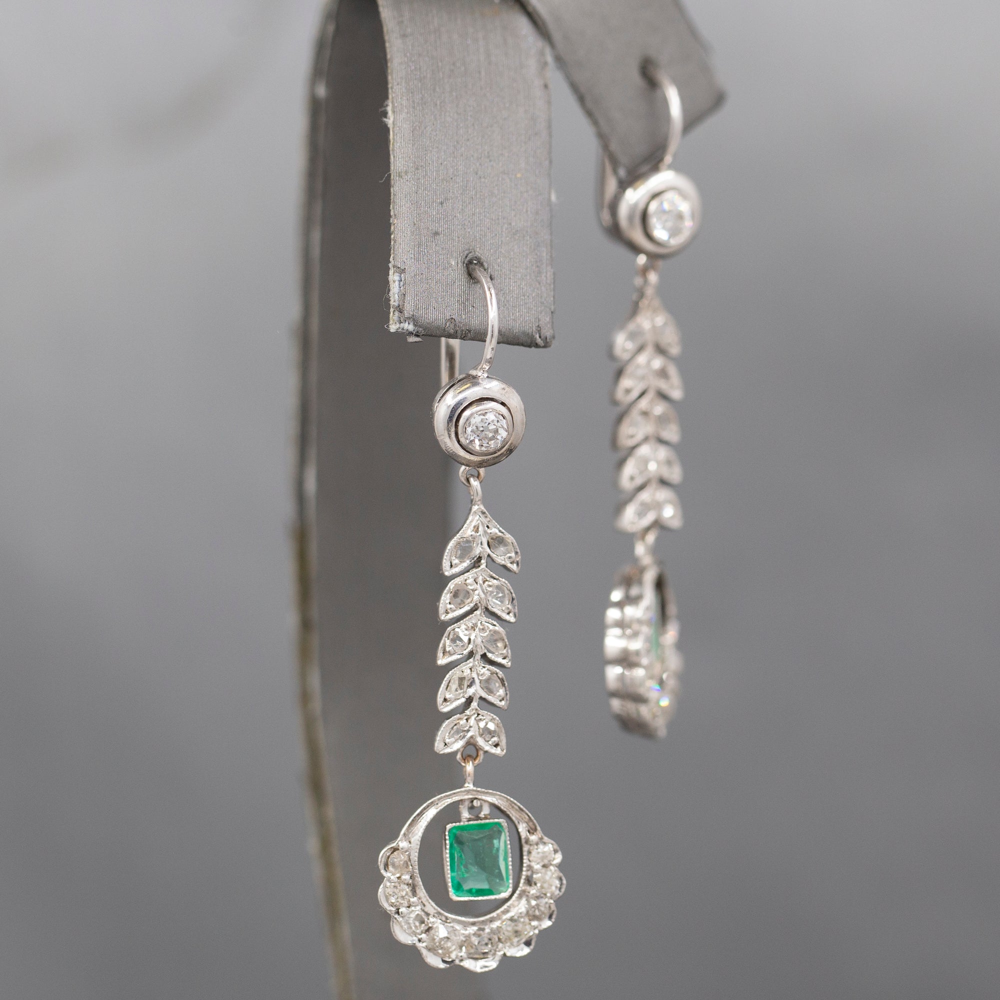 Fantastic Art Deco Diamond And Emerald Long Dangle Earrings in 14k White Gold