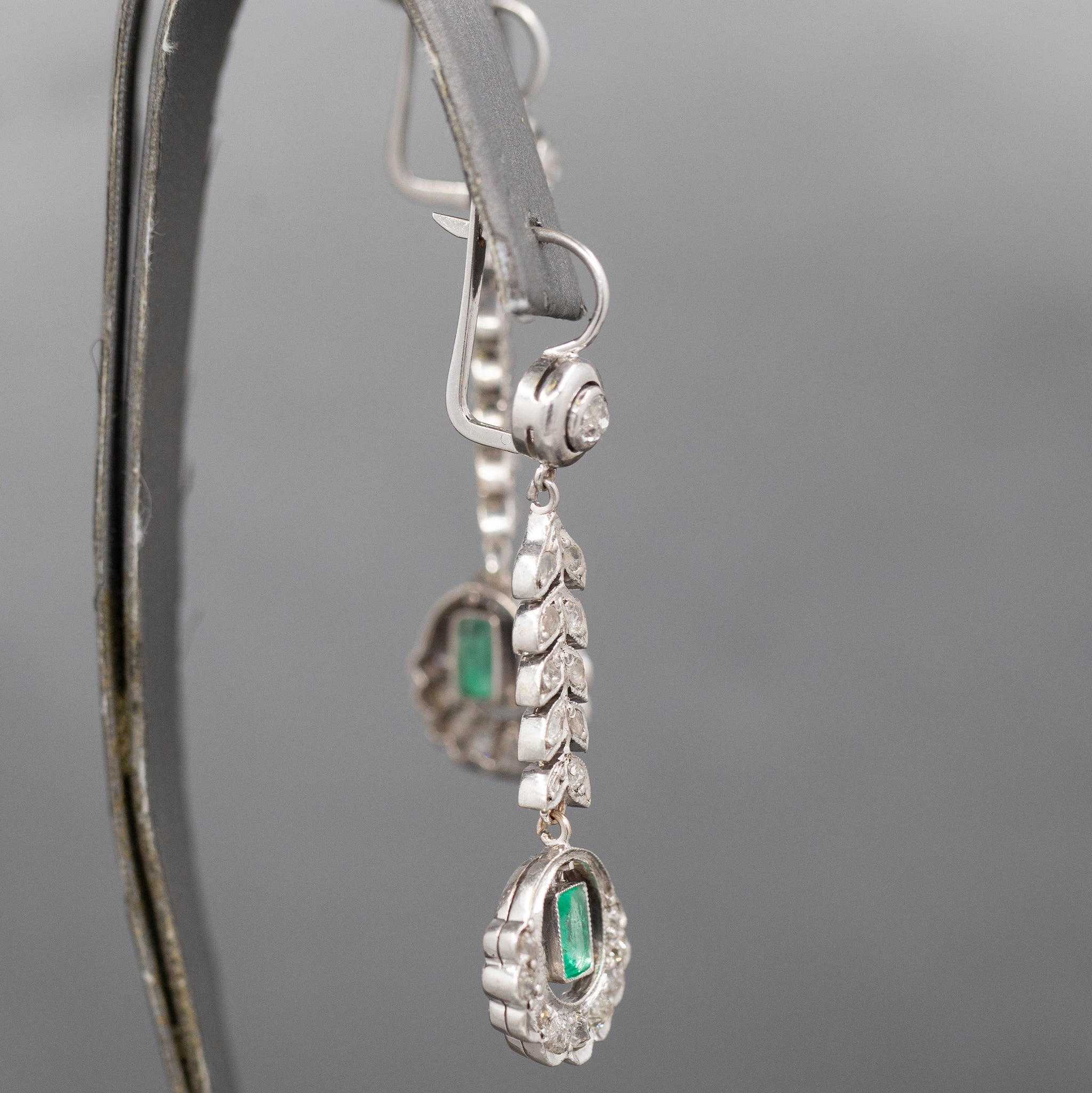 Fantastic Art Deco Diamond And Emerald Long Dangle Earrings in 14k White Gold