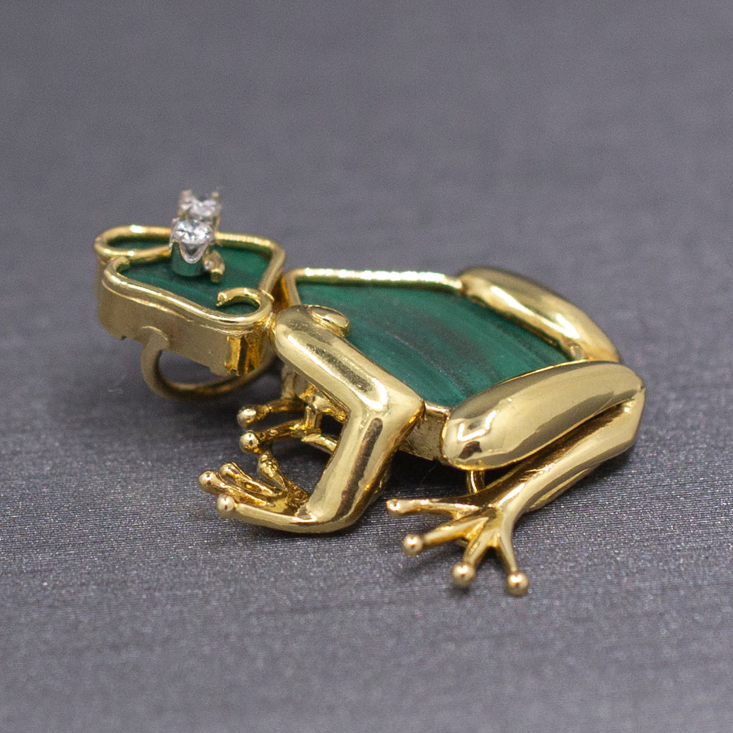 Darling Figural Frog Pendant with Malachite and Diamonds in 18k Yellow Gold