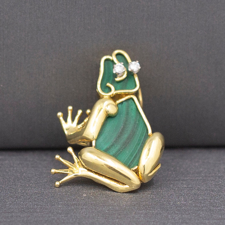 Darling Figural Frog Pendant with Malachite and Diamonds in 18k Yellow Gold