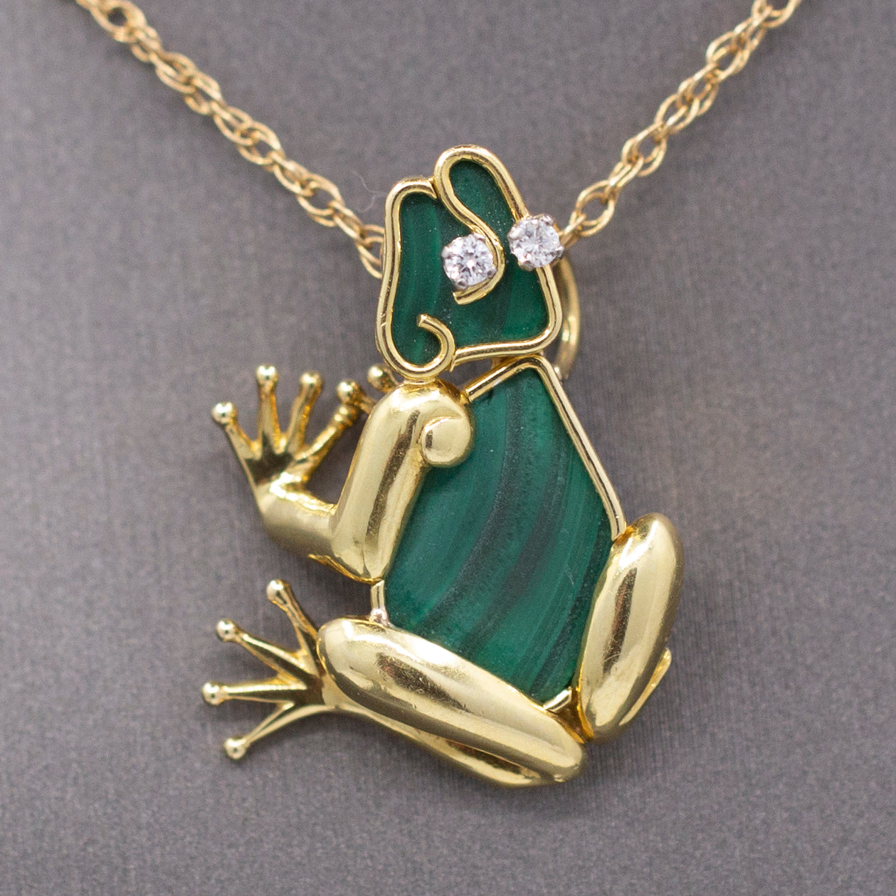 Darling Figural Frog Pendant with Malachite and Diamonds in 18k Yellow Gold