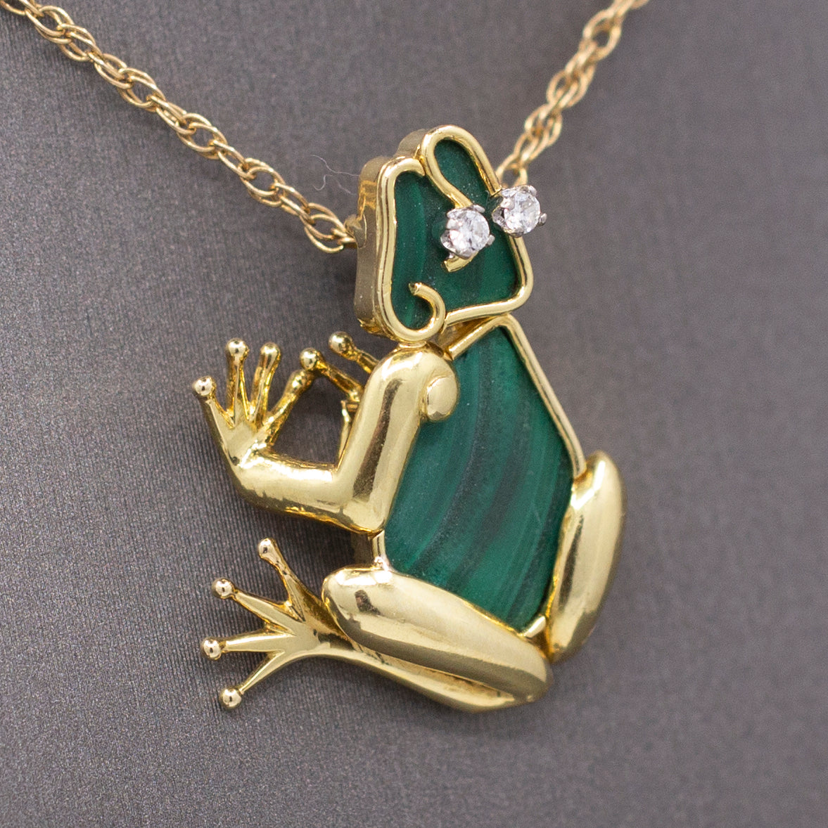 Darling Figural Frog Pendant with Malachite and Diamonds in 18k Yellow Gold