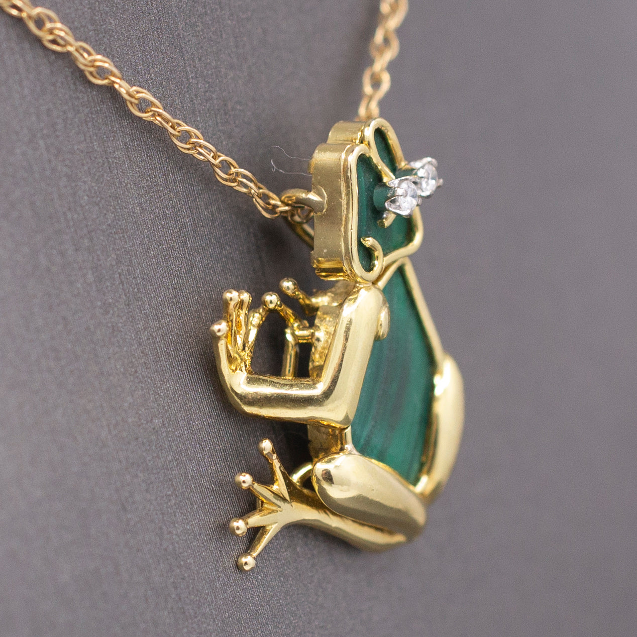 Darling Figural Frog Pendant with Malachite and Diamonds in 18k Yellow Gold