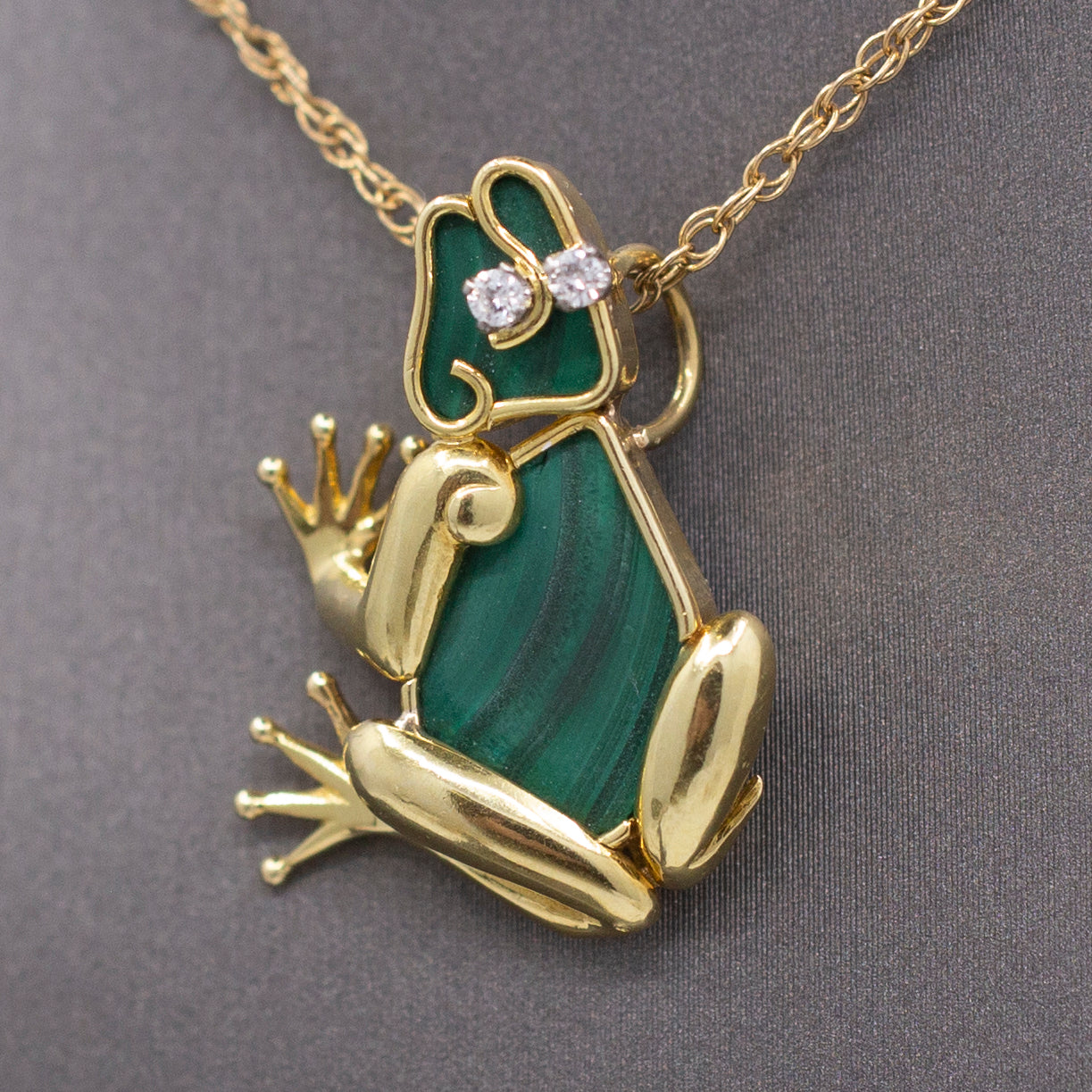 Darling Figural Frog Pendant with Malachite and Diamonds in 18k Yellow Gold