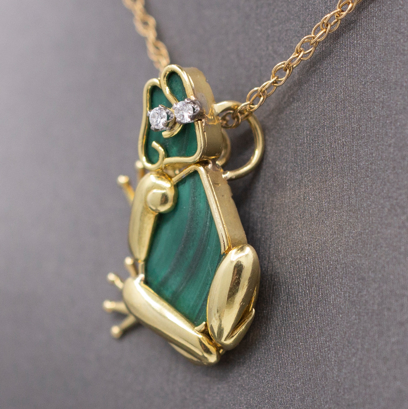 Darling Figural Frog Pendant with Malachite and Diamonds in 18k Yellow Gold
