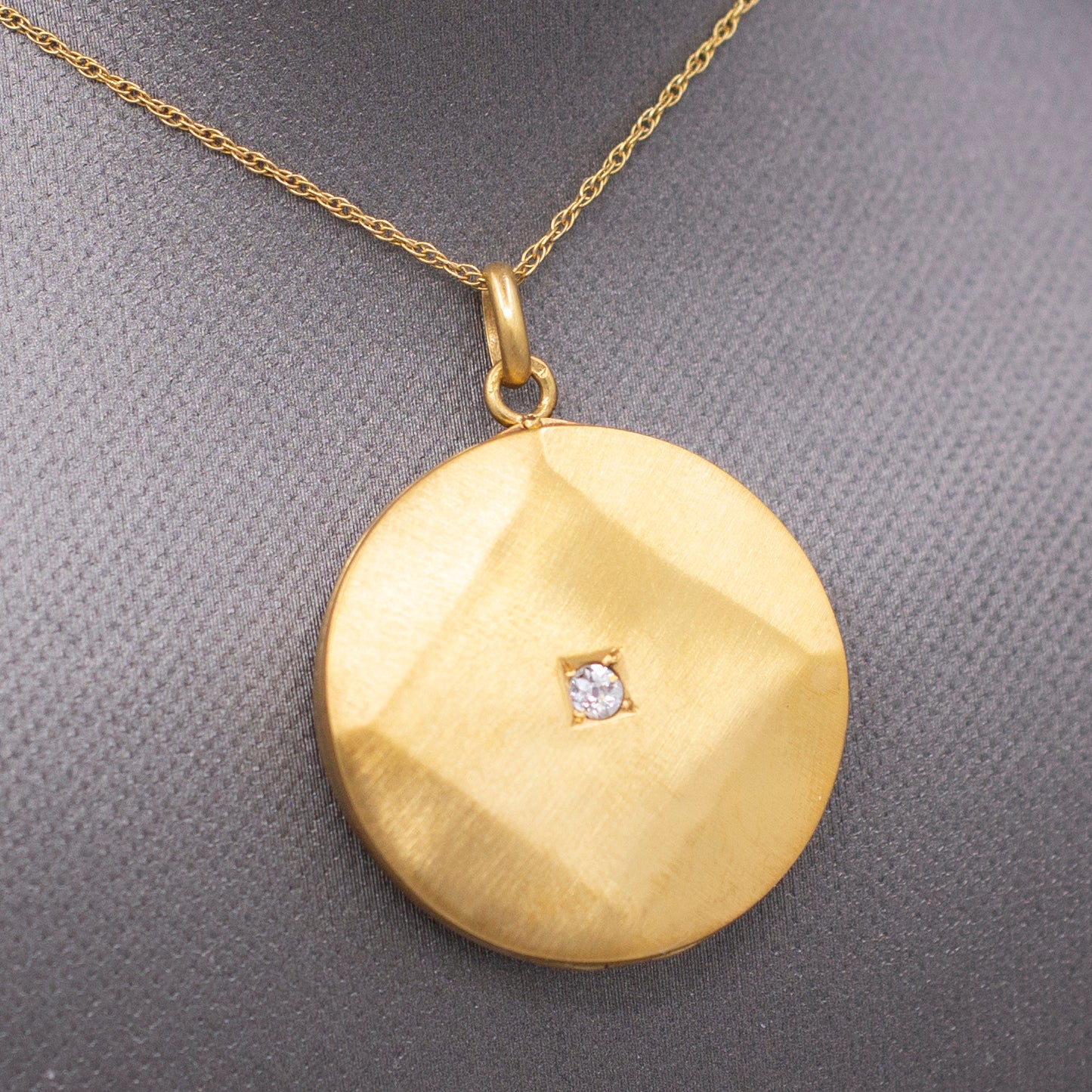Art Deco Brushed 14k Gold Locket Necklace with Old Mine Cut Diamond