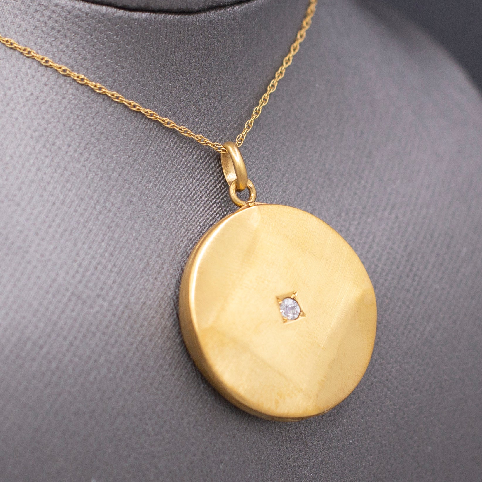 Art Deco Brushed 14k Gold Locket Necklace with Old Mine Cut Diamond