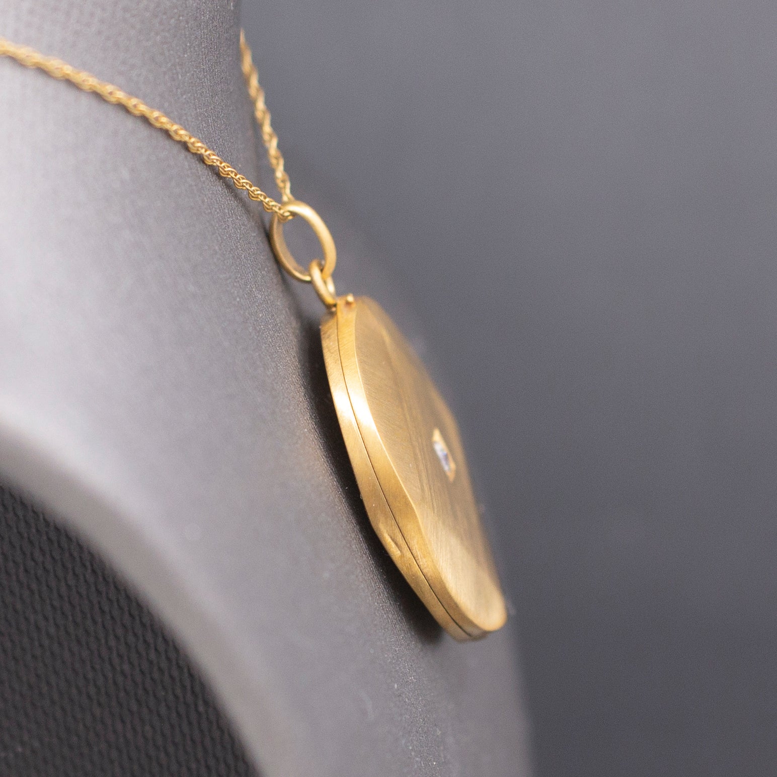 Art Deco Brushed 14k Gold Locket Necklace with Old Mine Cut Diamond