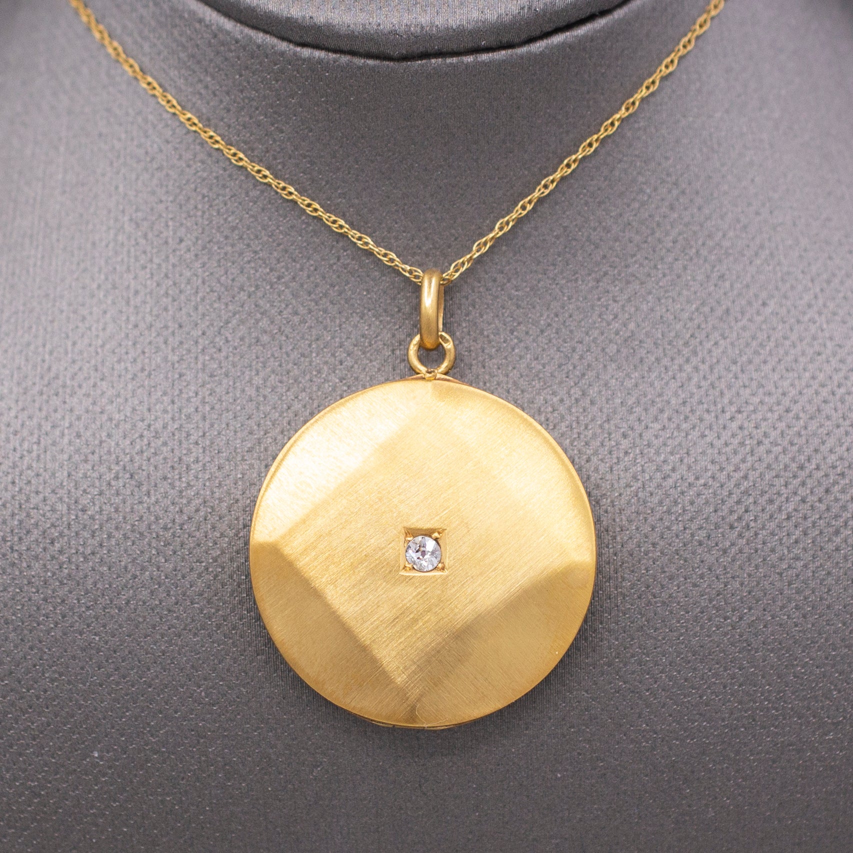 Art Deco Brushed 14k Gold Locket Necklace with Old Mine Cut Diamond