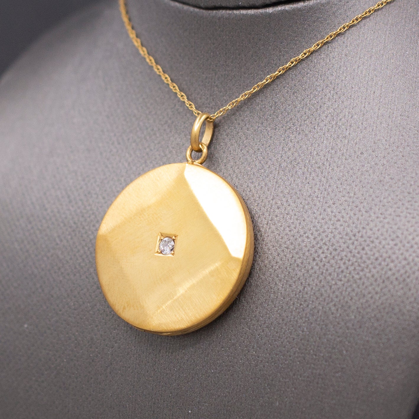 Art Deco Brushed 14k Gold Locket Necklace with Old Mine Cut Diamond