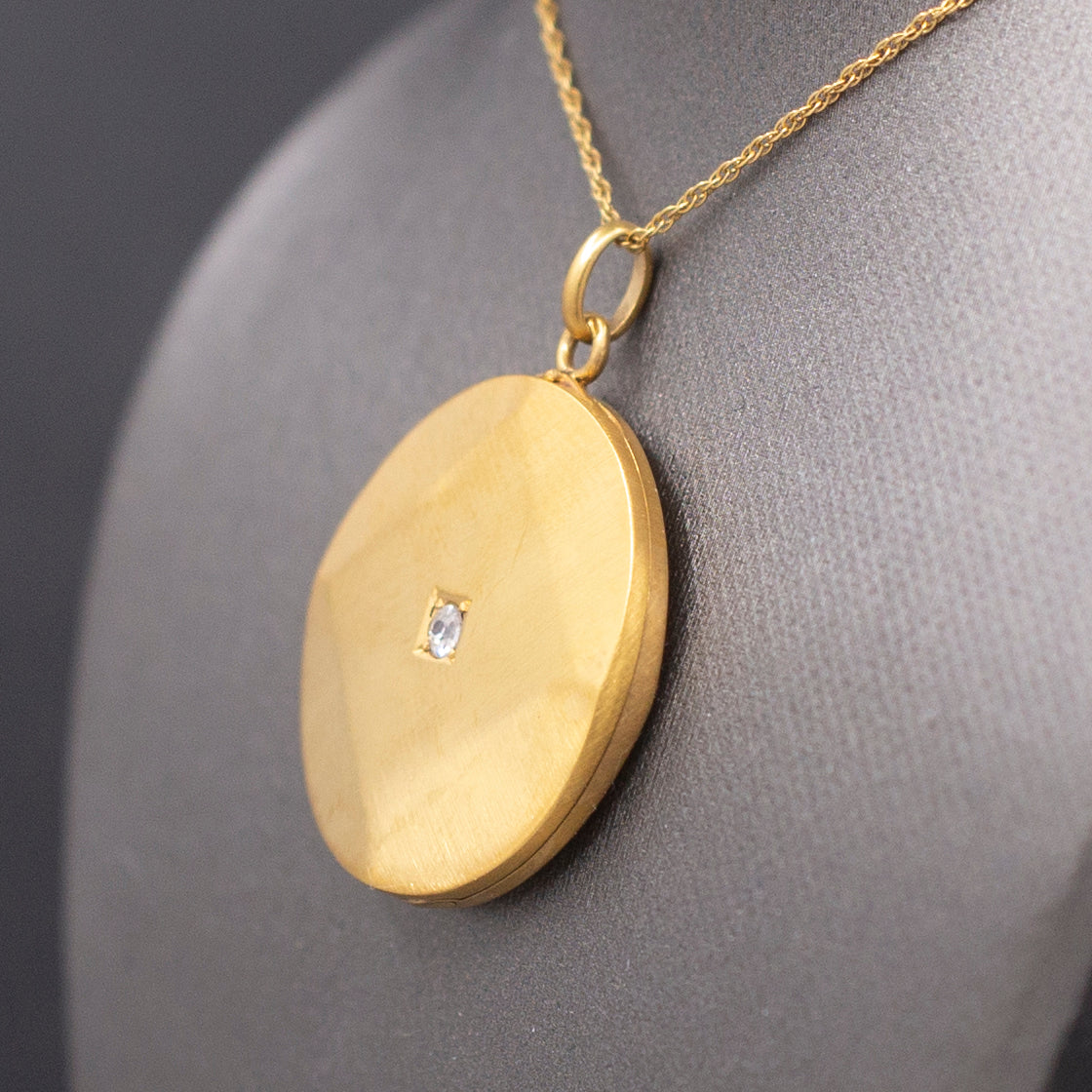 Art Deco Brushed 14k Gold Locket Necklace with Old Mine Cut Diamond