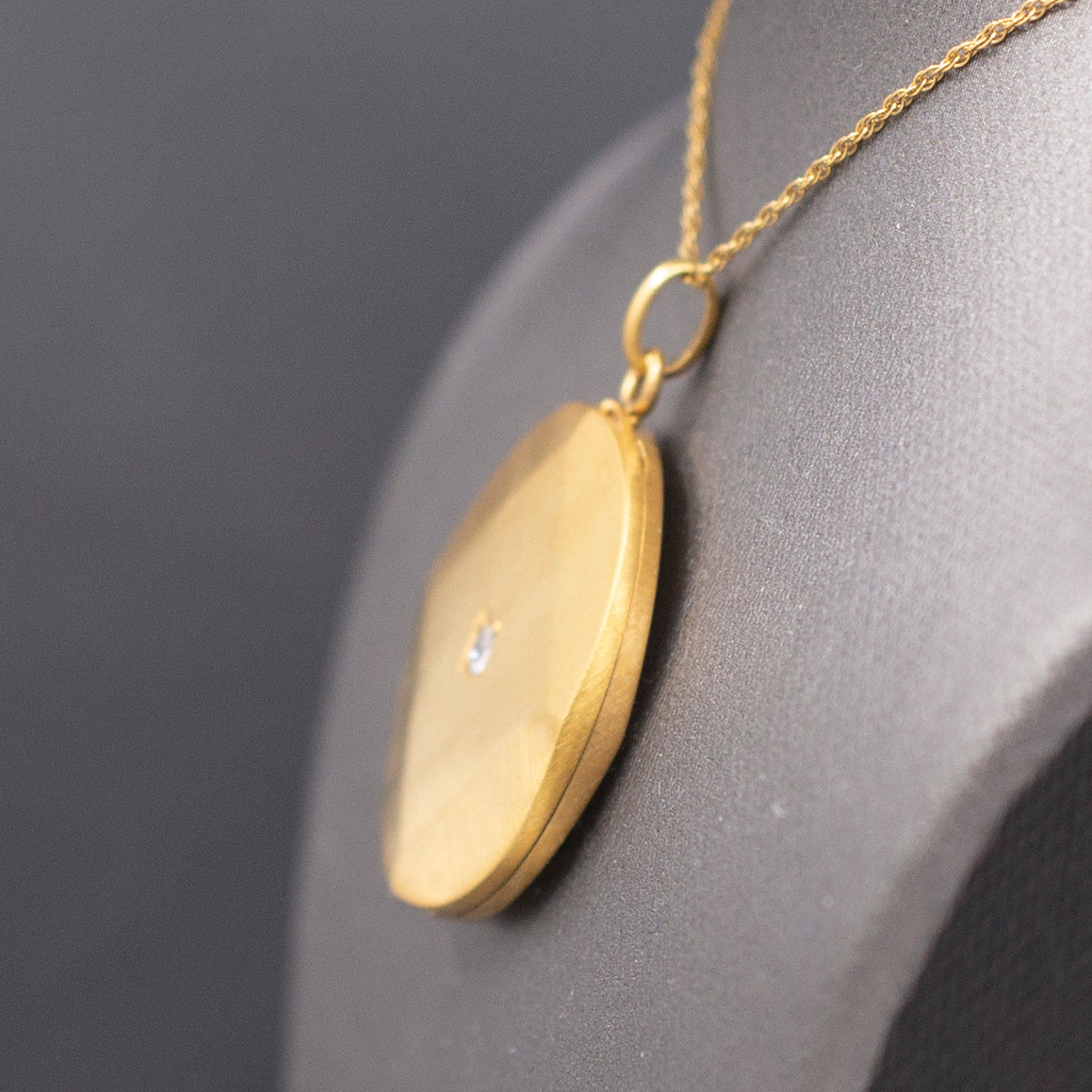 Art Deco Brushed 14k Gold Locket Necklace with Old Mine Cut Diamond