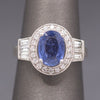 Vintage Oval Blue Sapphire with Round and Baguette Diamond Ring in Platinum